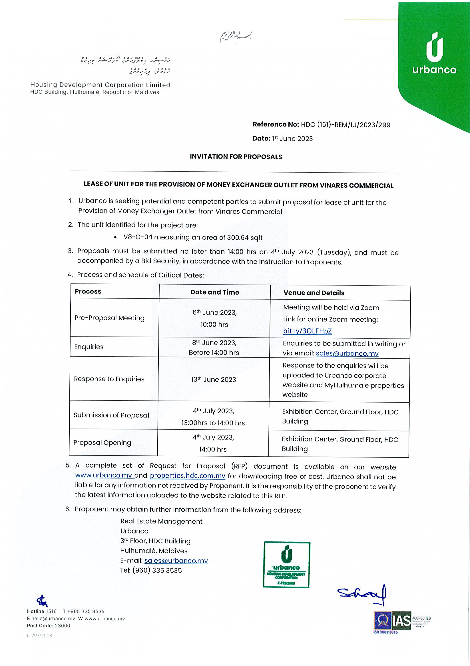 Lease of Unit for the Provision of Money Exchanger Outlet from Vinares Commercial