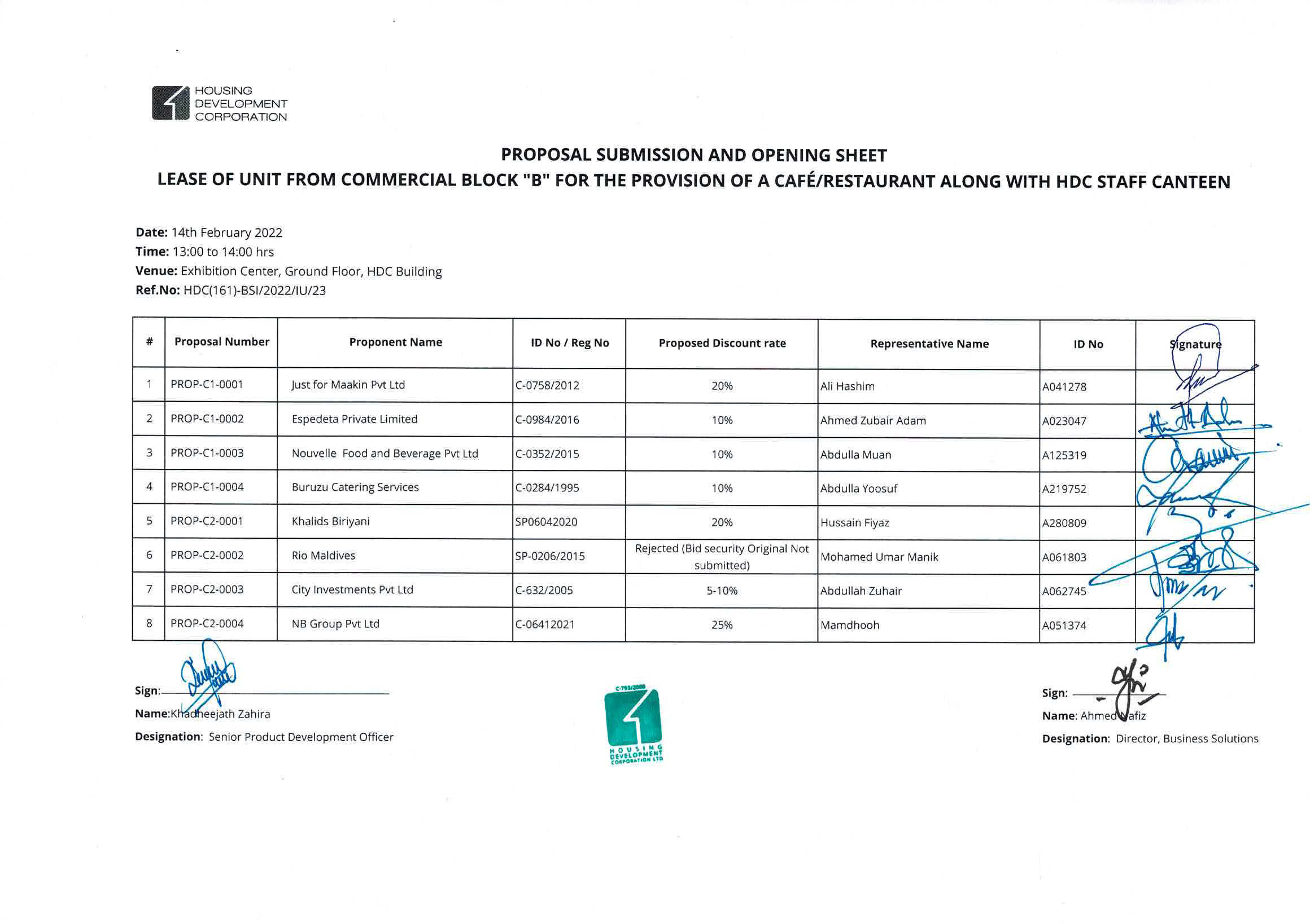 Proposal Submission and Opening Sheet