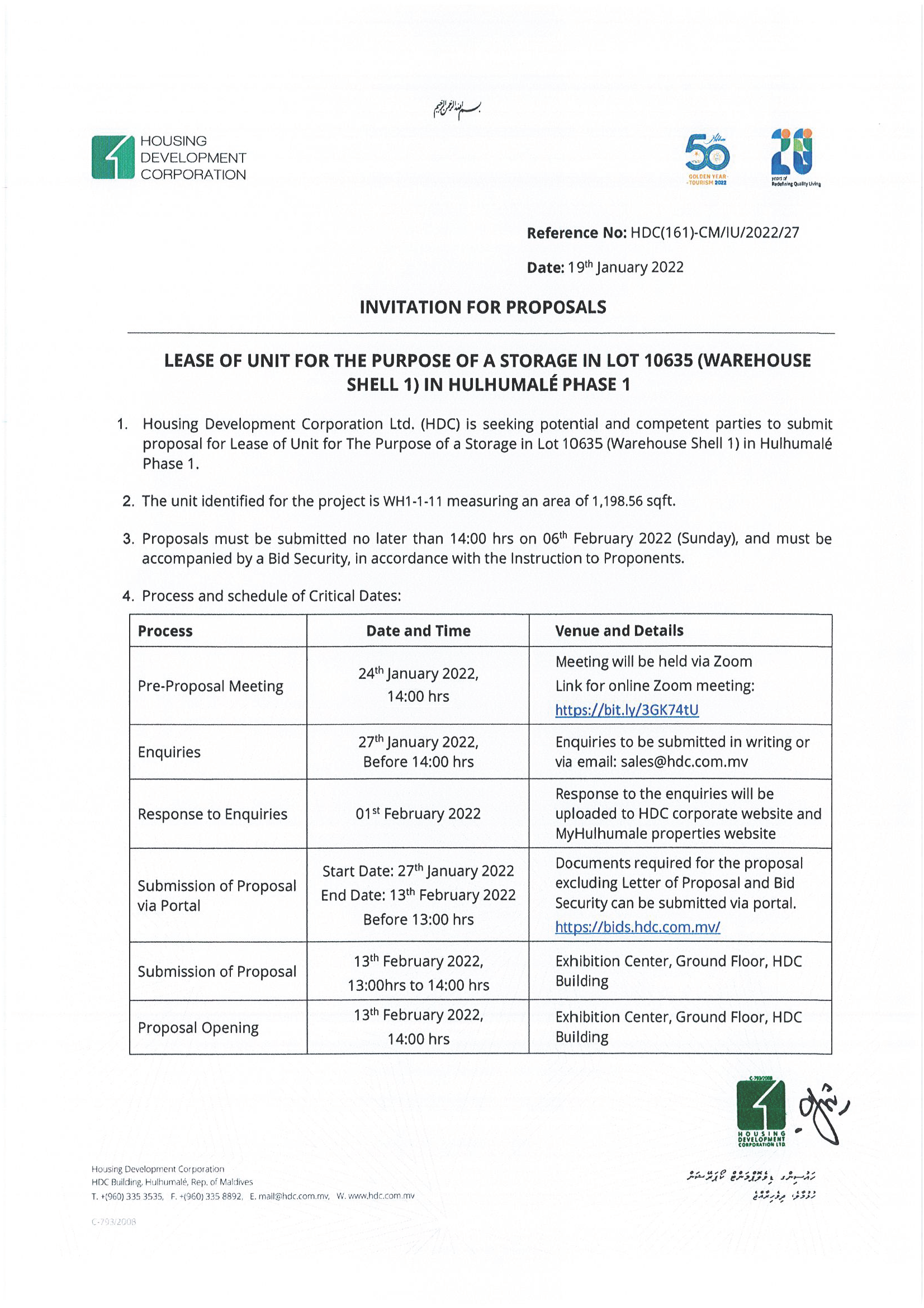 Lease of Unit for The Purpose of a Storage in Lot 10635 (Warehouse Shell 1) in Hulhumalé Phase 1