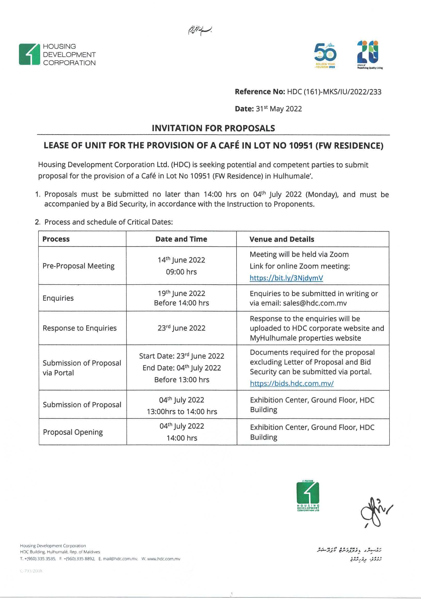 Lease of Unit for the Provision of a Café in Lot No 10951 (FW Residence) in Hulhumalé