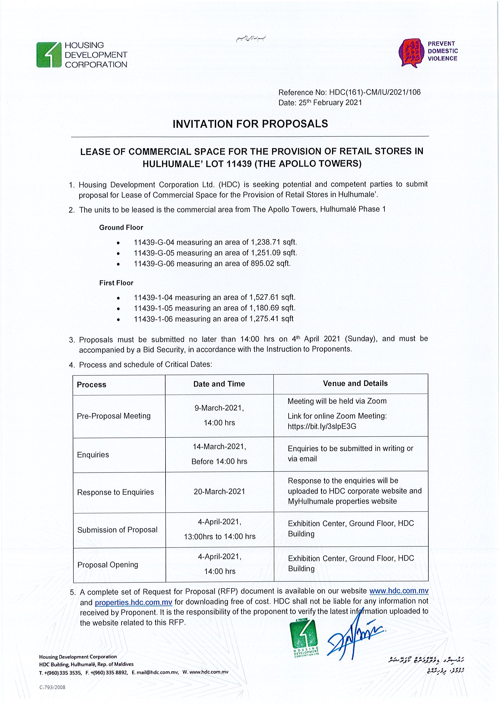 Lease of Unit for The Provision of Retail Stores in The Apollo Towers in Hulhumalé Phase 1