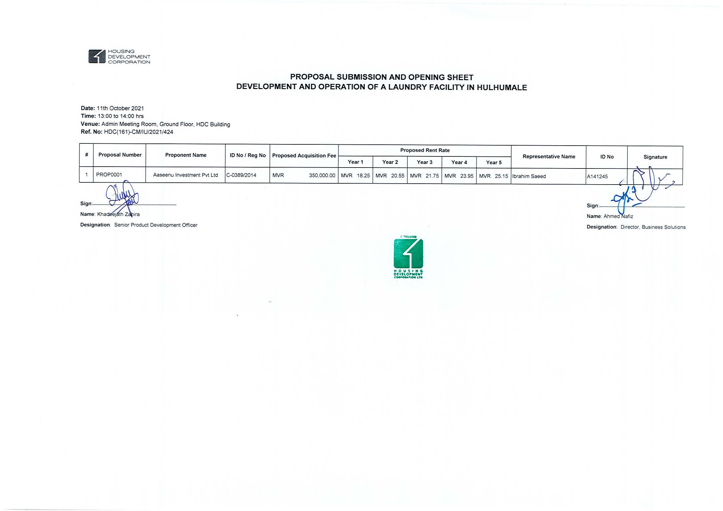 Proposal Submission and Opening Sheet