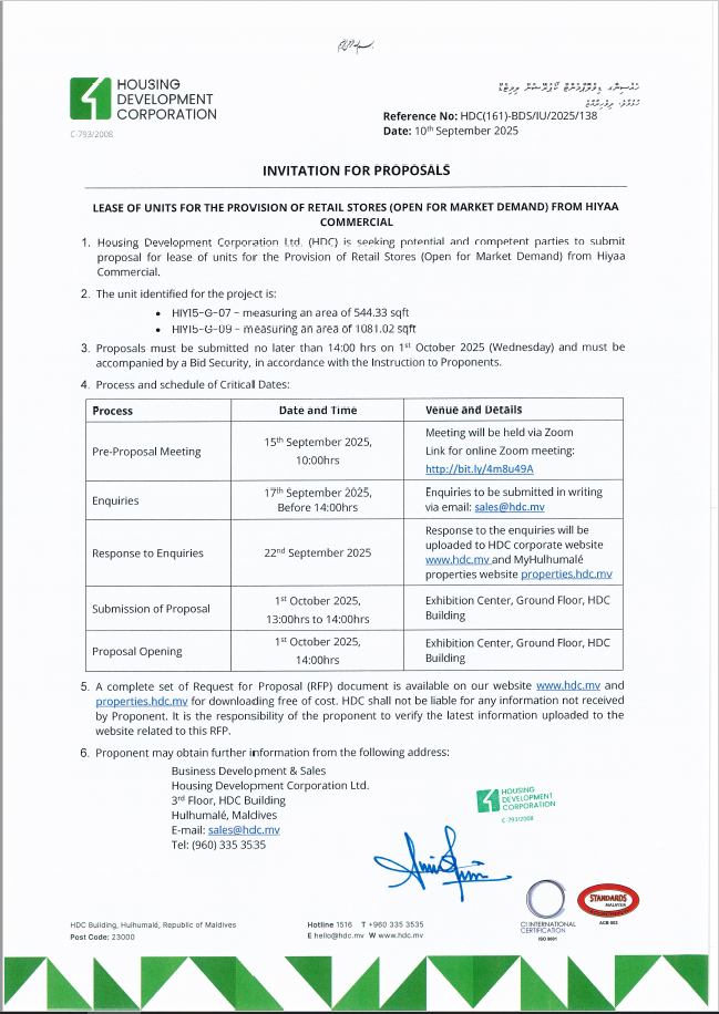 Lease of Units for the Provision of Retail Stores (Open for Market Demand) from Hiyaa Commercial