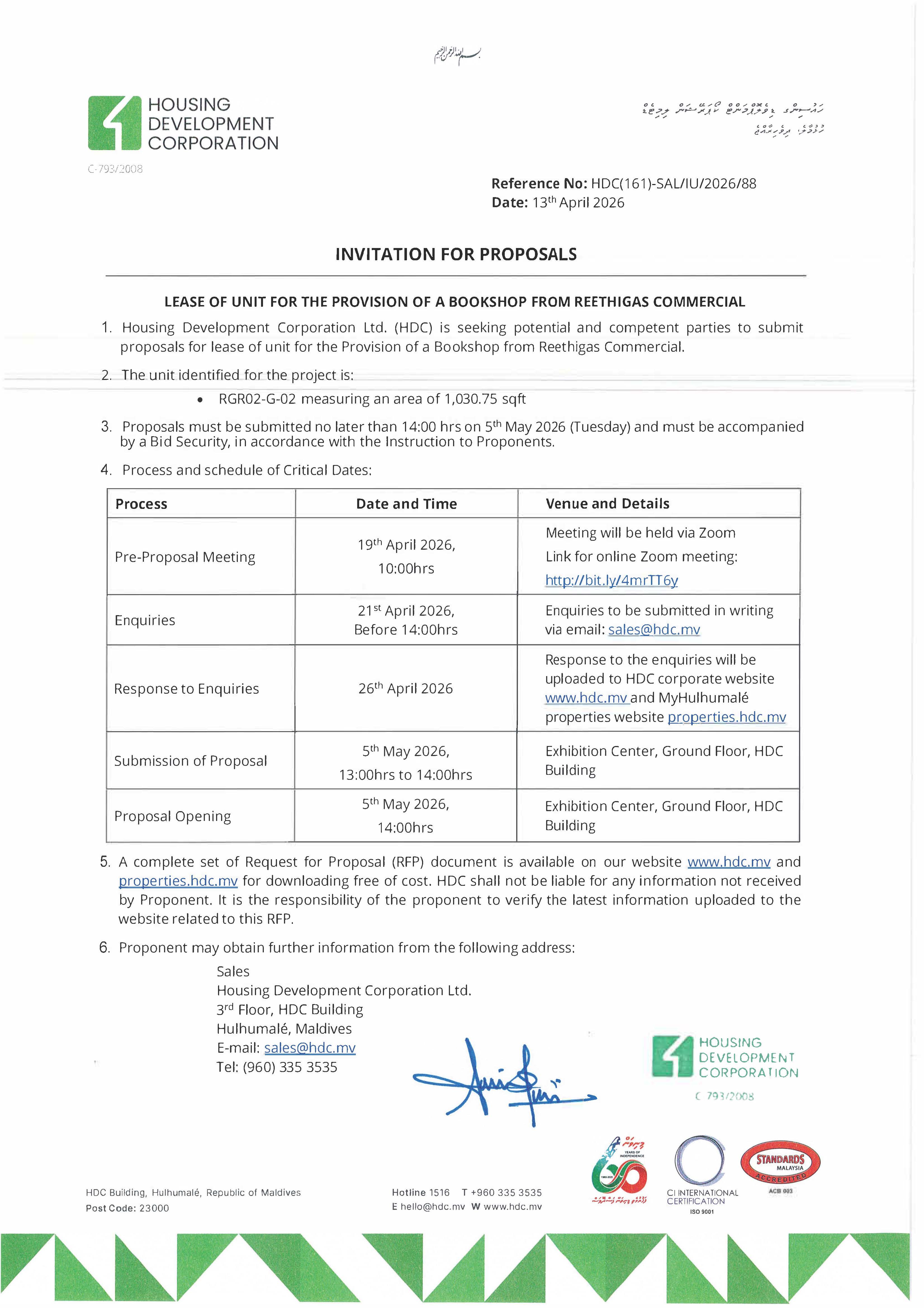 Lease of Unit for the Provision of a Bookshop from Reethigas Commercial