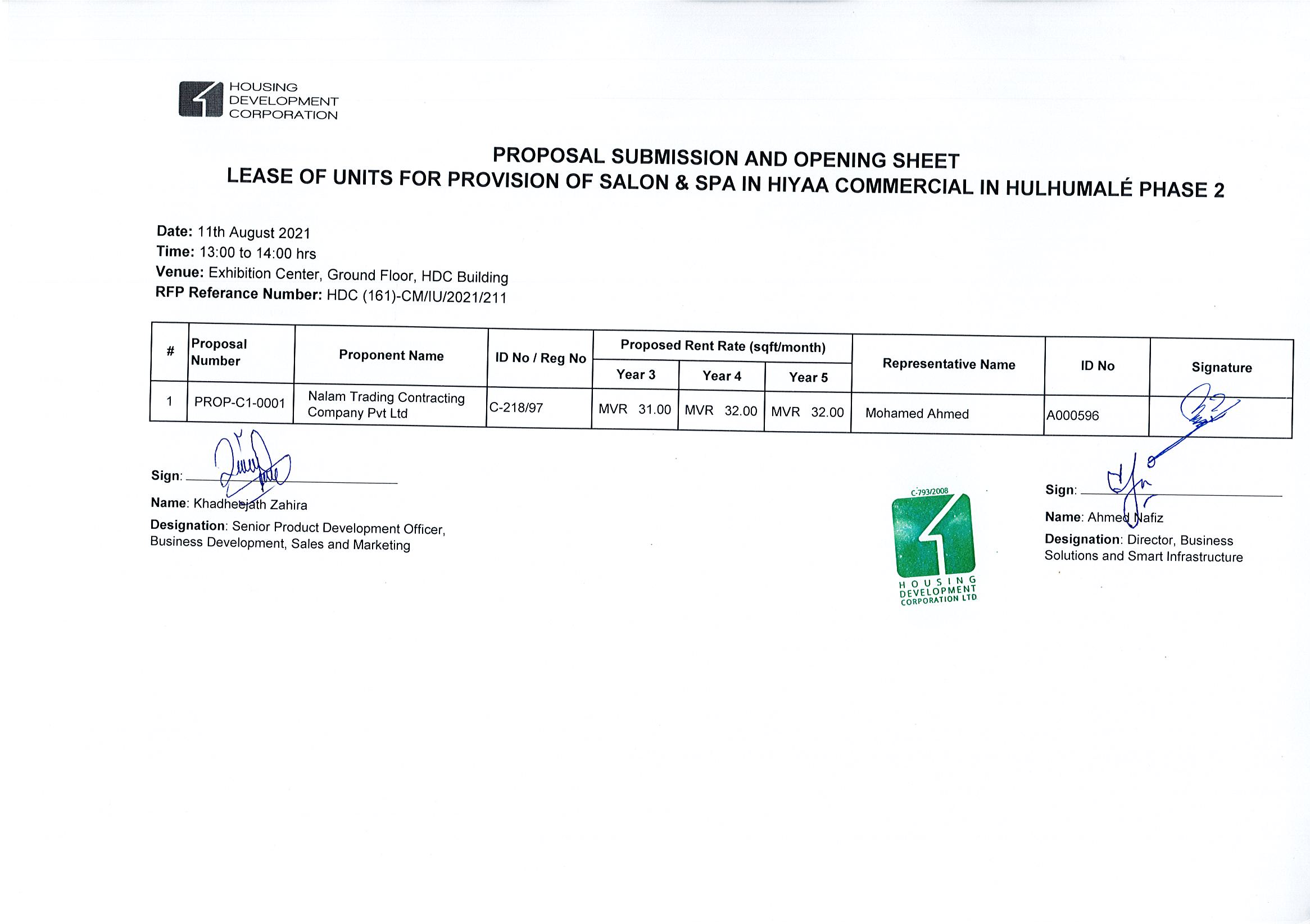 Proposal Submission and Opening Sheet