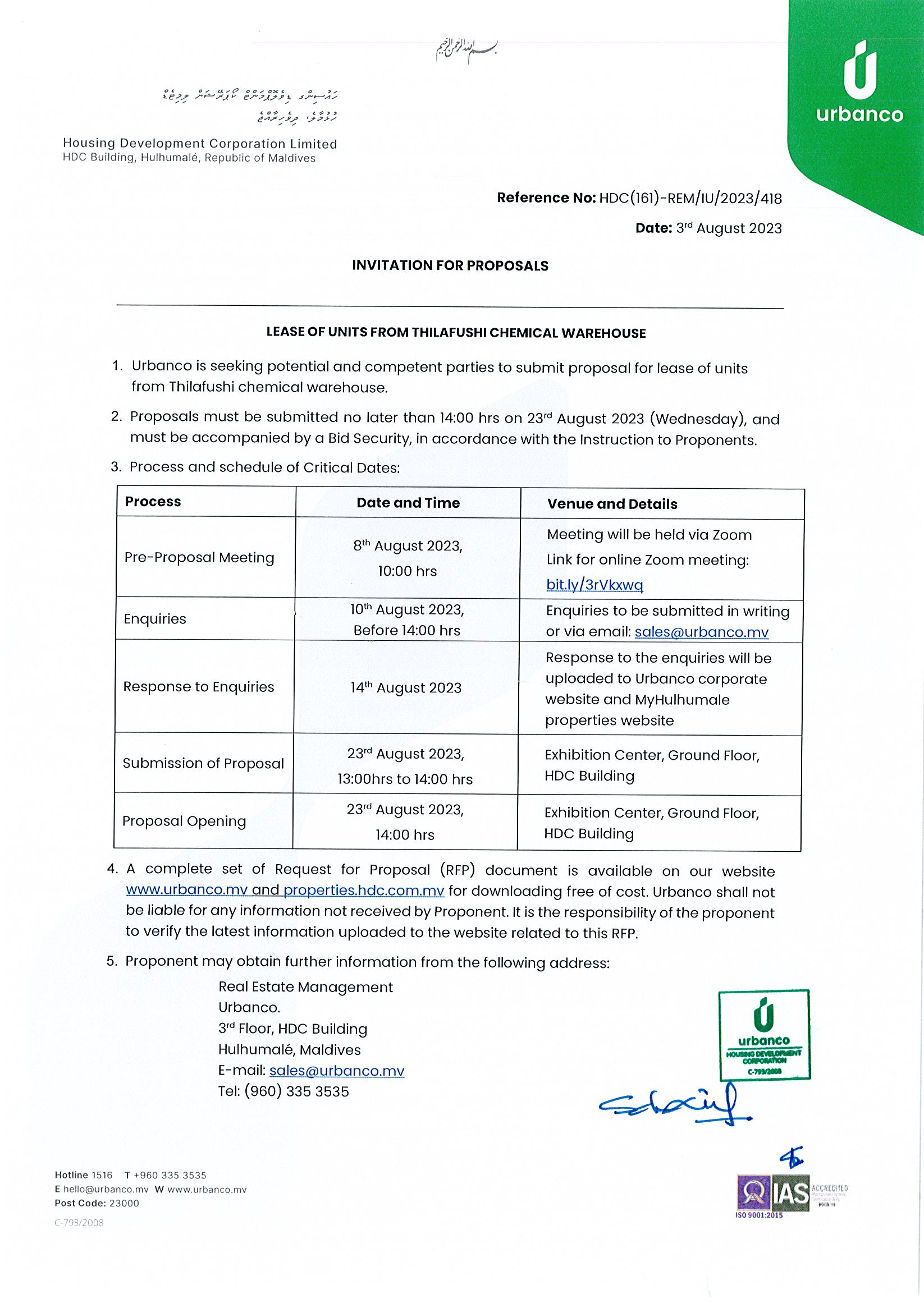 Lease of Units from Thilafushi Chemical Warehouse