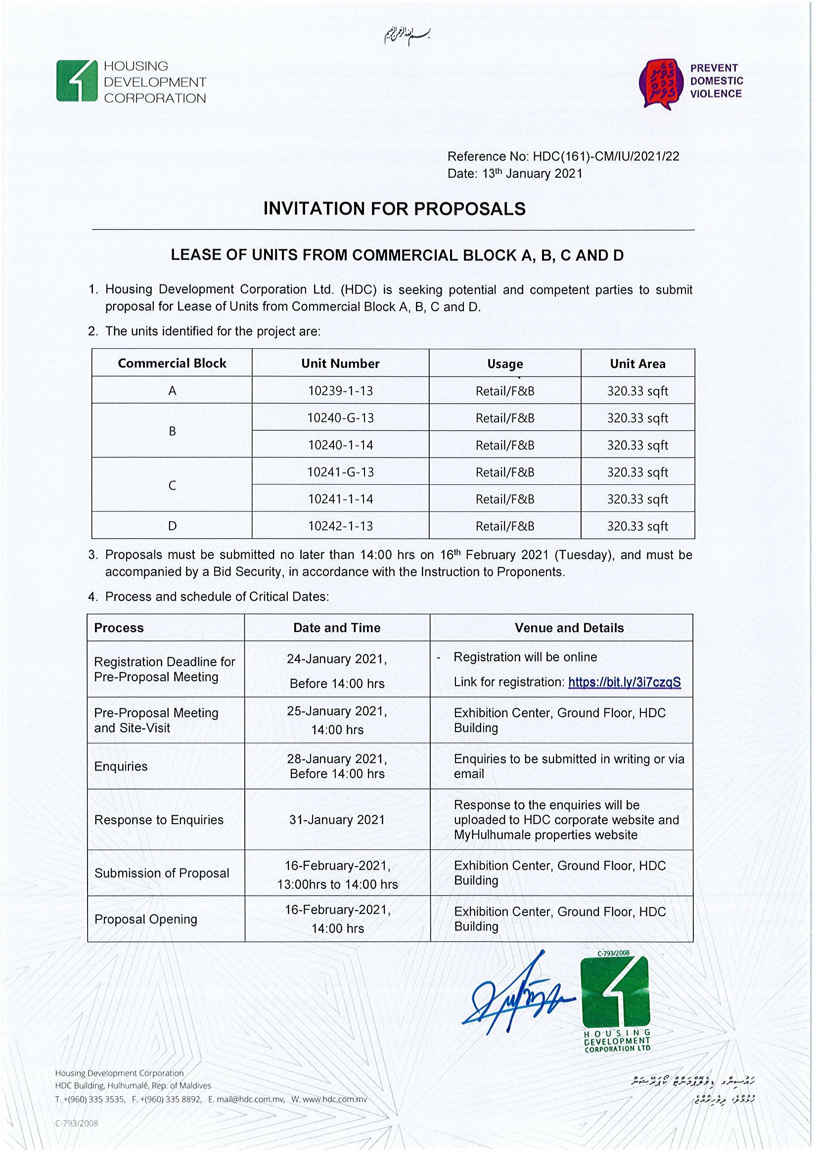 Lease of Units from Commercial Block A, B, C and D