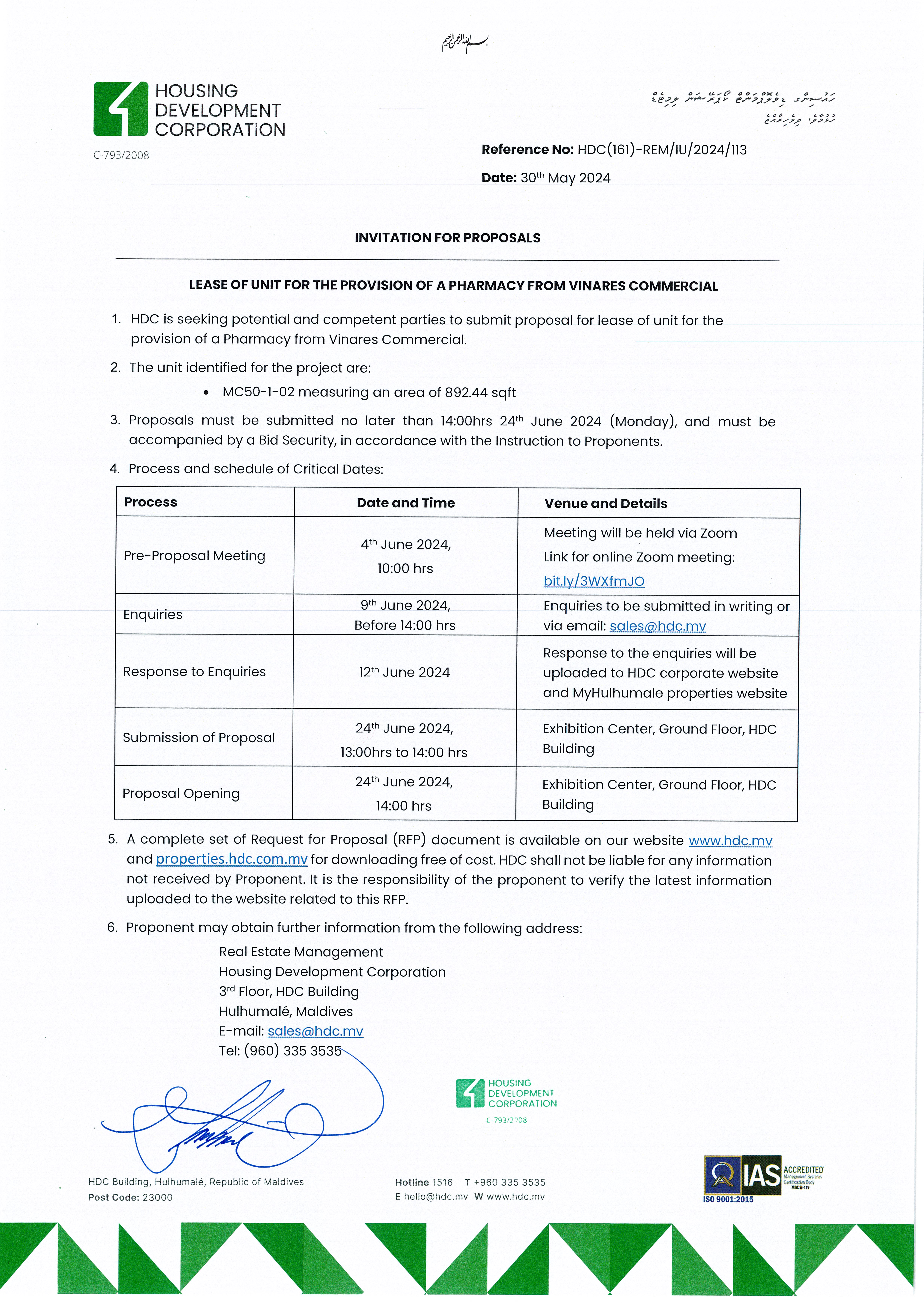 Lease of Unit for the Provision of a Pharmacy from Vinares Commercial