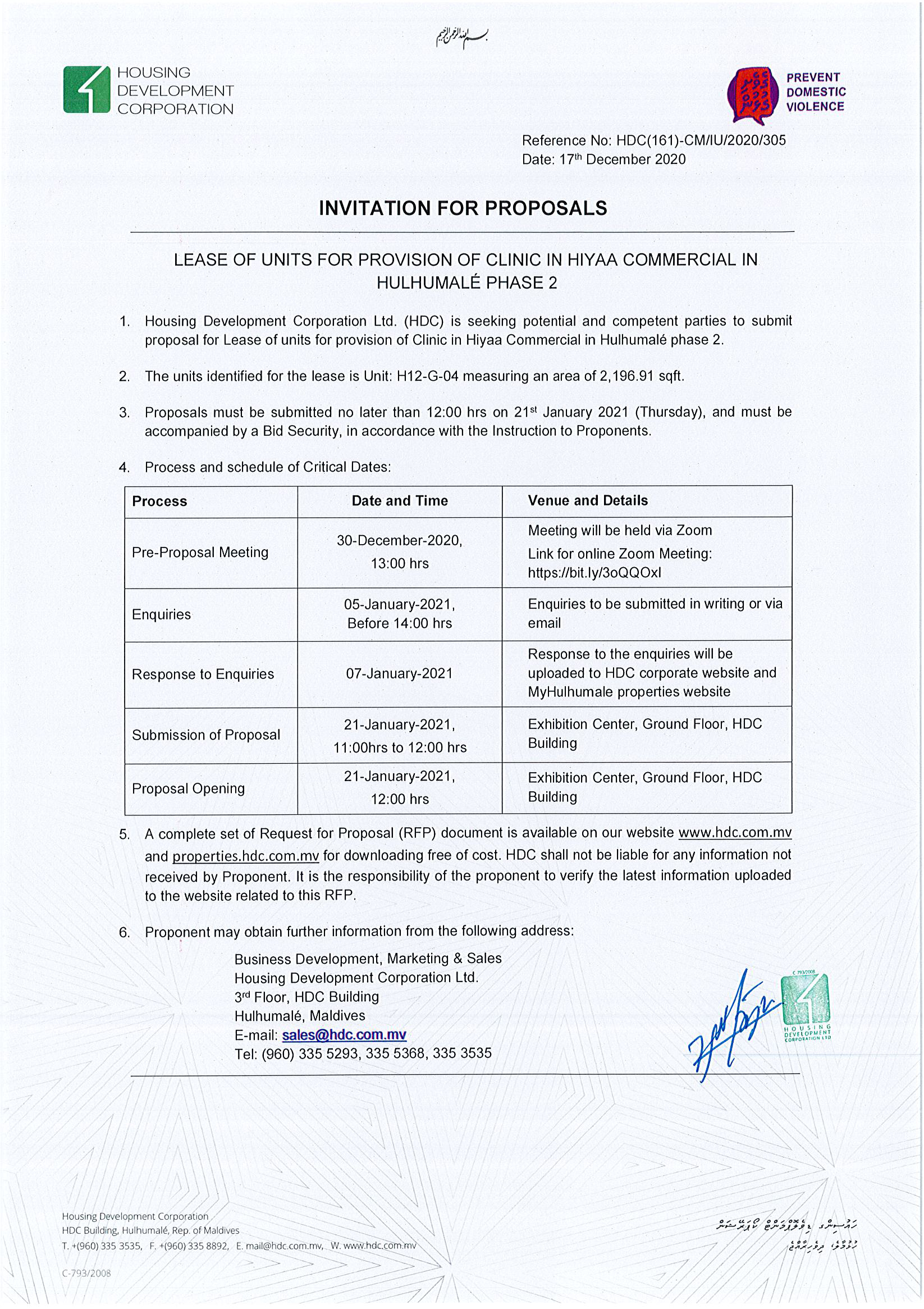 Lease of Units for Provision of Clinic in Hiyaa Commercial in Hulhumalé phase 2