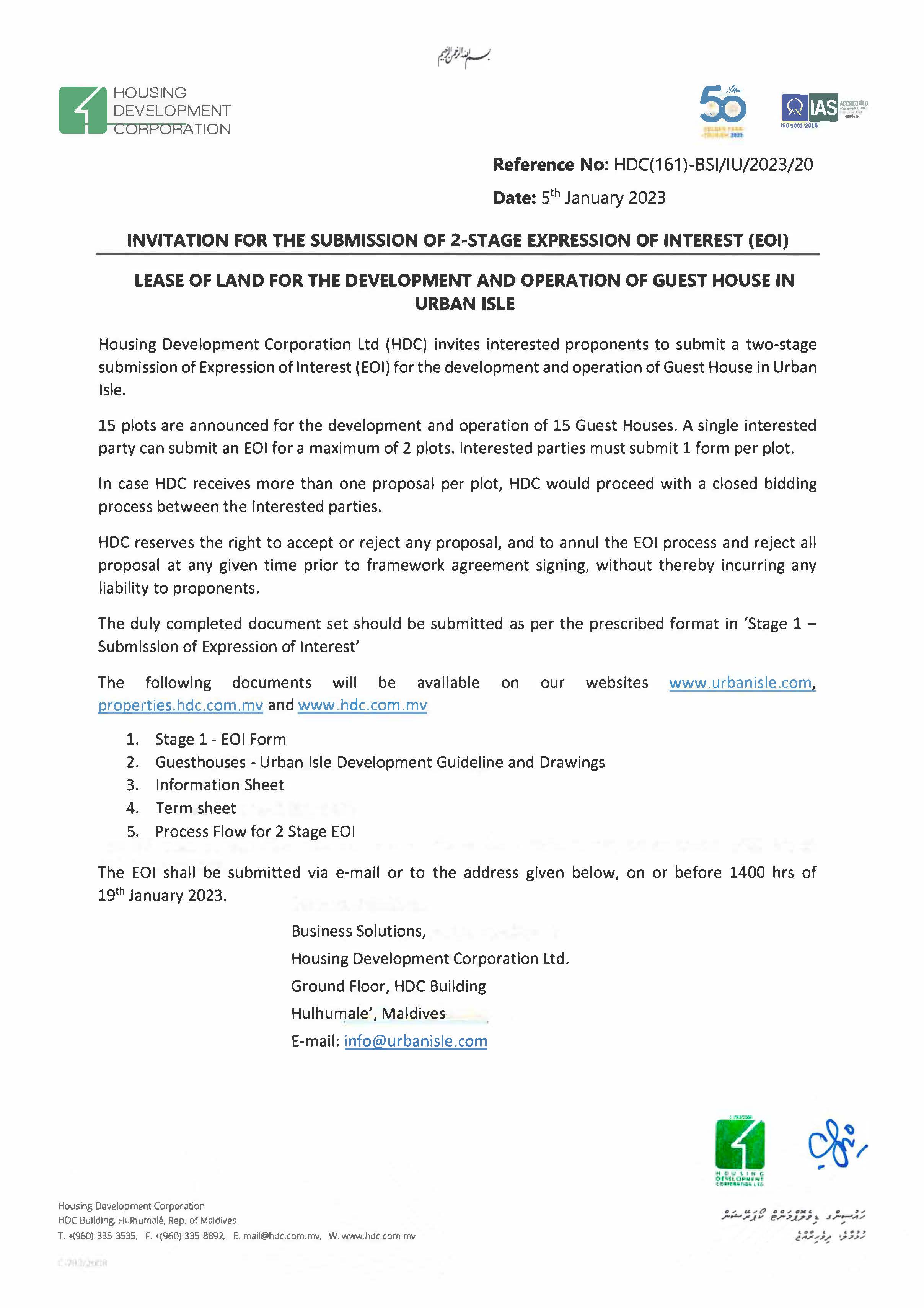 Expression of Interest - Lease of Land for the Development and Operation of Guest House in Urban Isle