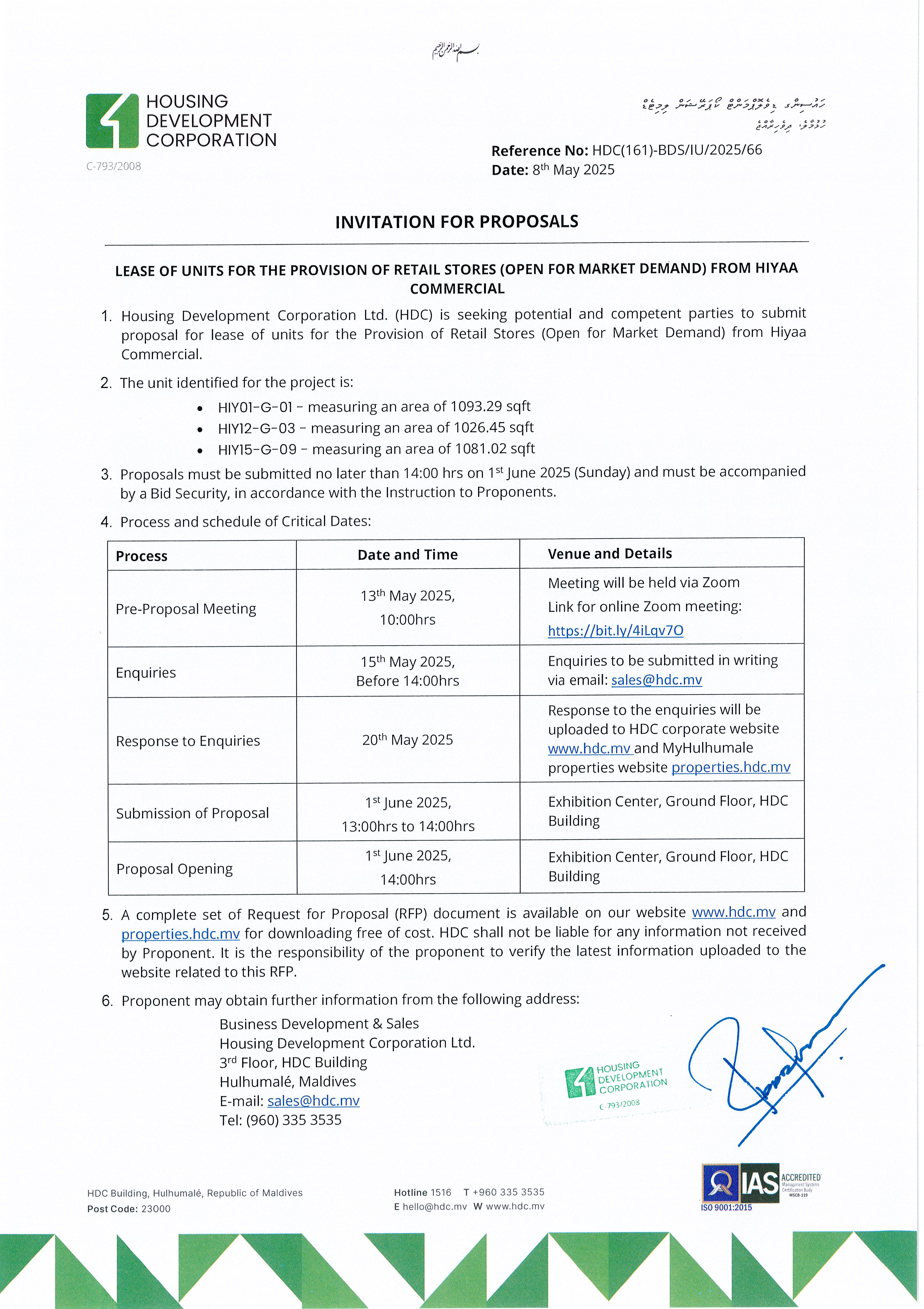 Leas of Units for the Provision of Retail Stores (Open for Market Demand) from Hiyaa Commercial