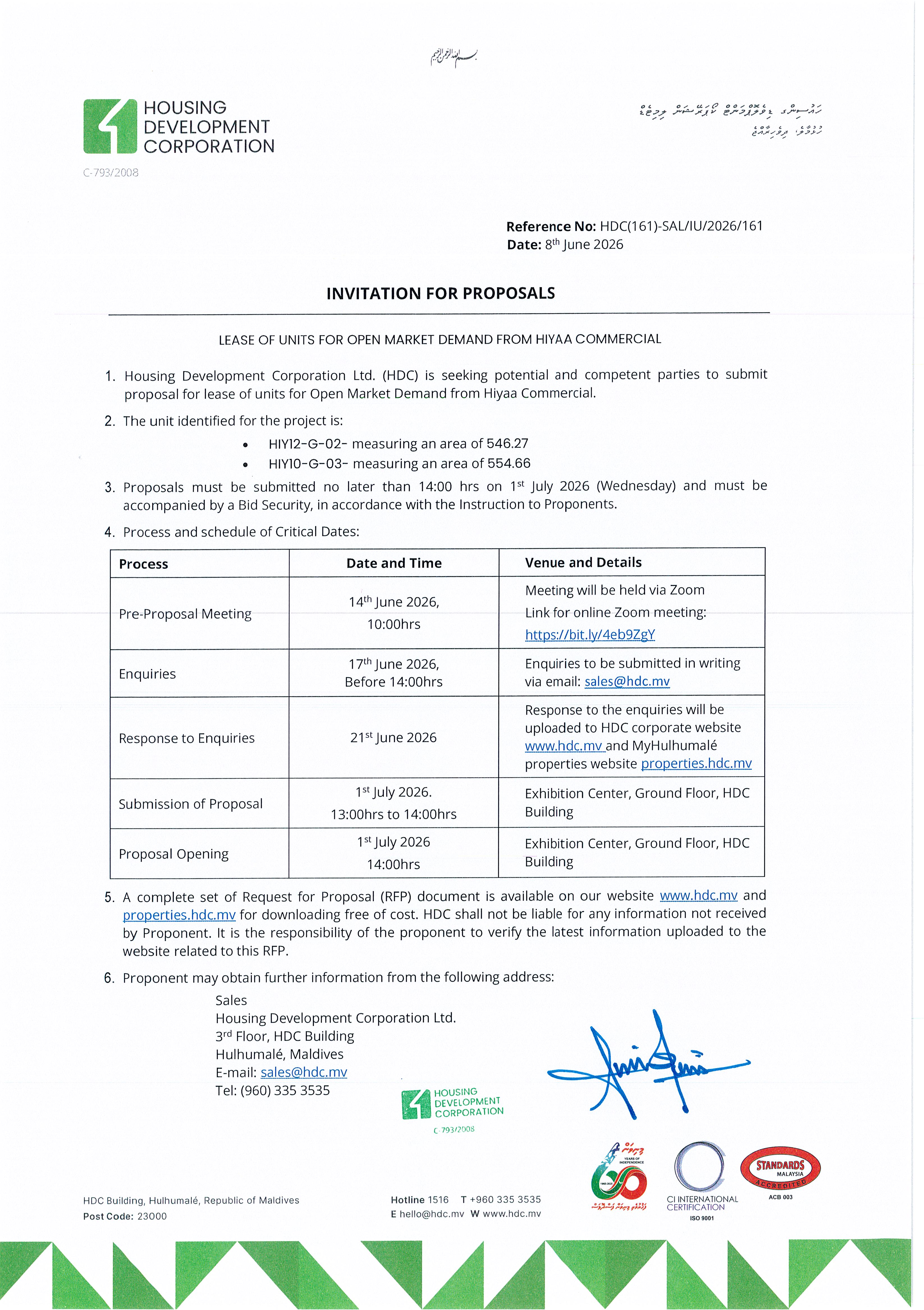 Lease of Units for Open Market Demand from Hiyaa Commercial