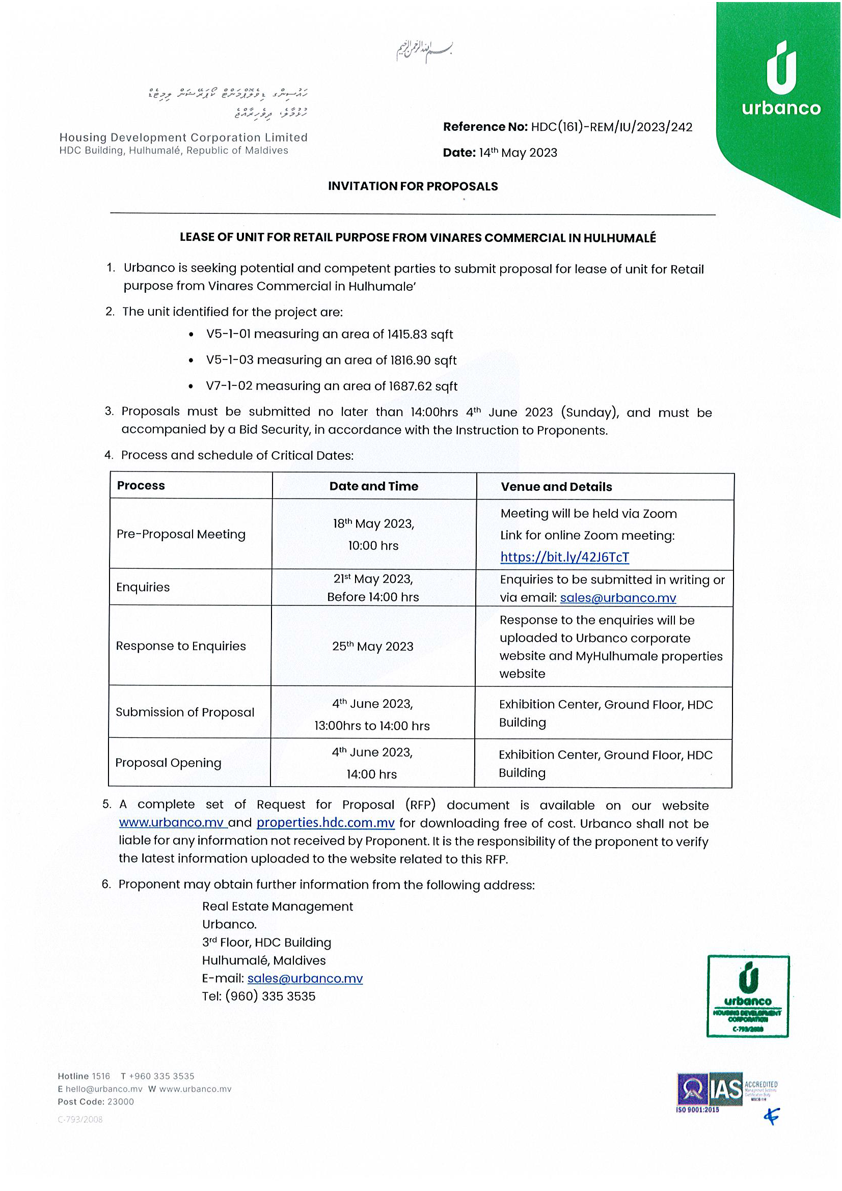 Lease of Unit for Retail Purpose from Vinares Commercial in Hulhumale