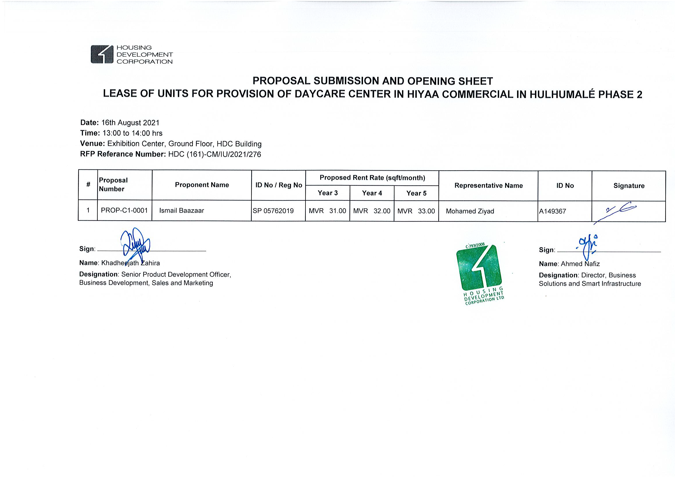 Proposal Submission and Opening Sheet