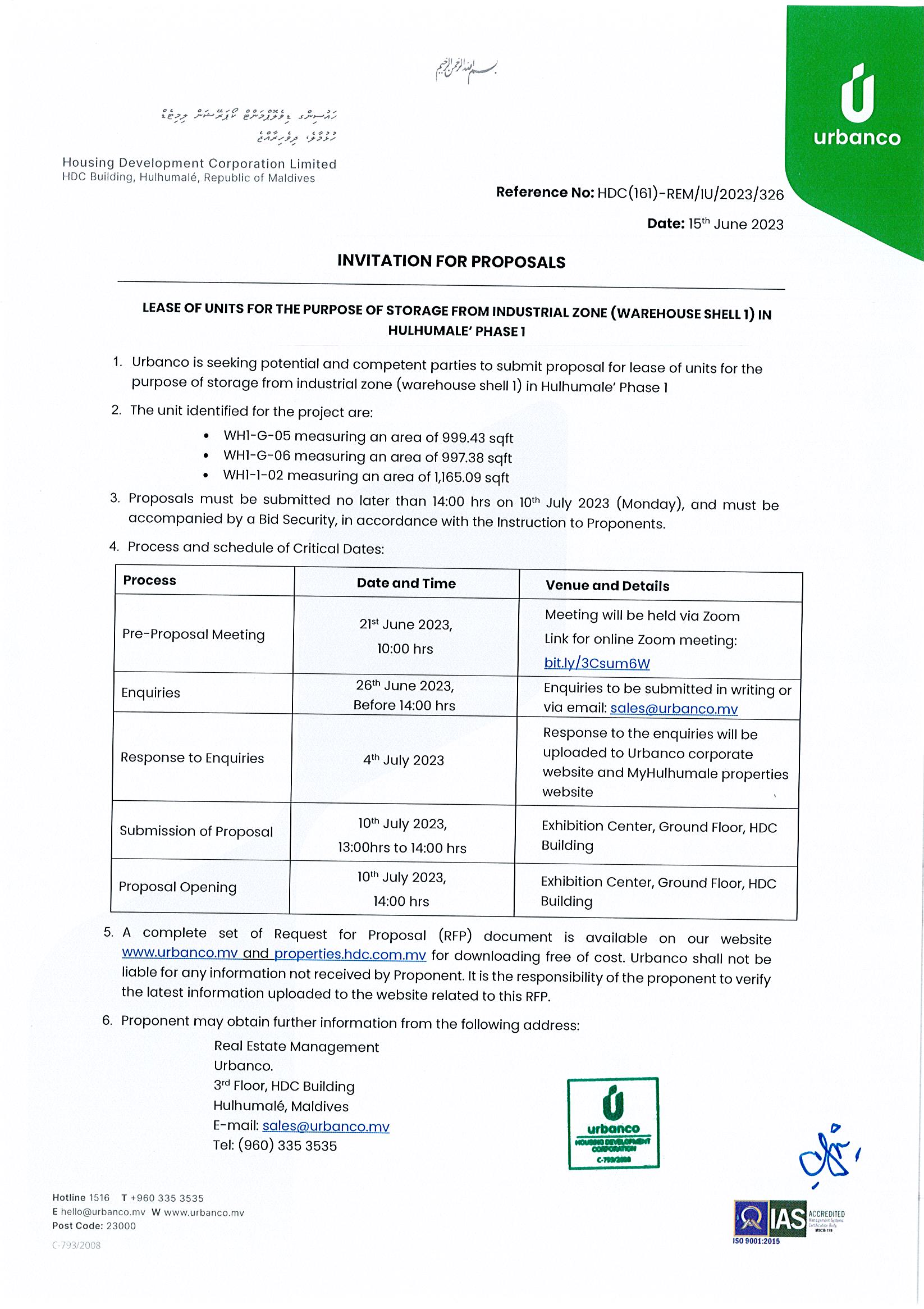 Lease of Units for the Purpose of Storage from Industrial Zone (Warehouse Shell 1) in Hulhumale' Phase 1