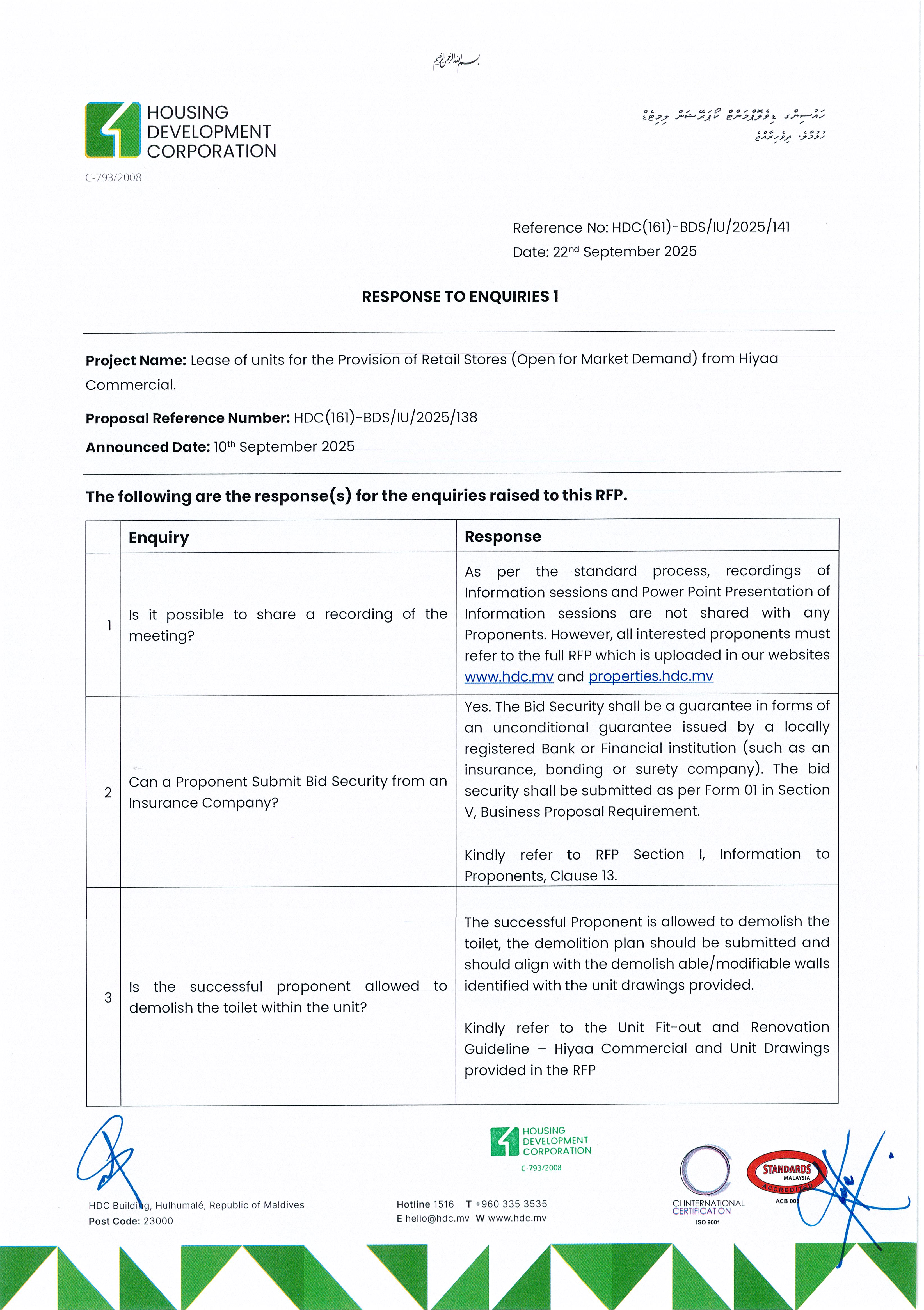 Response to Enquiries 1