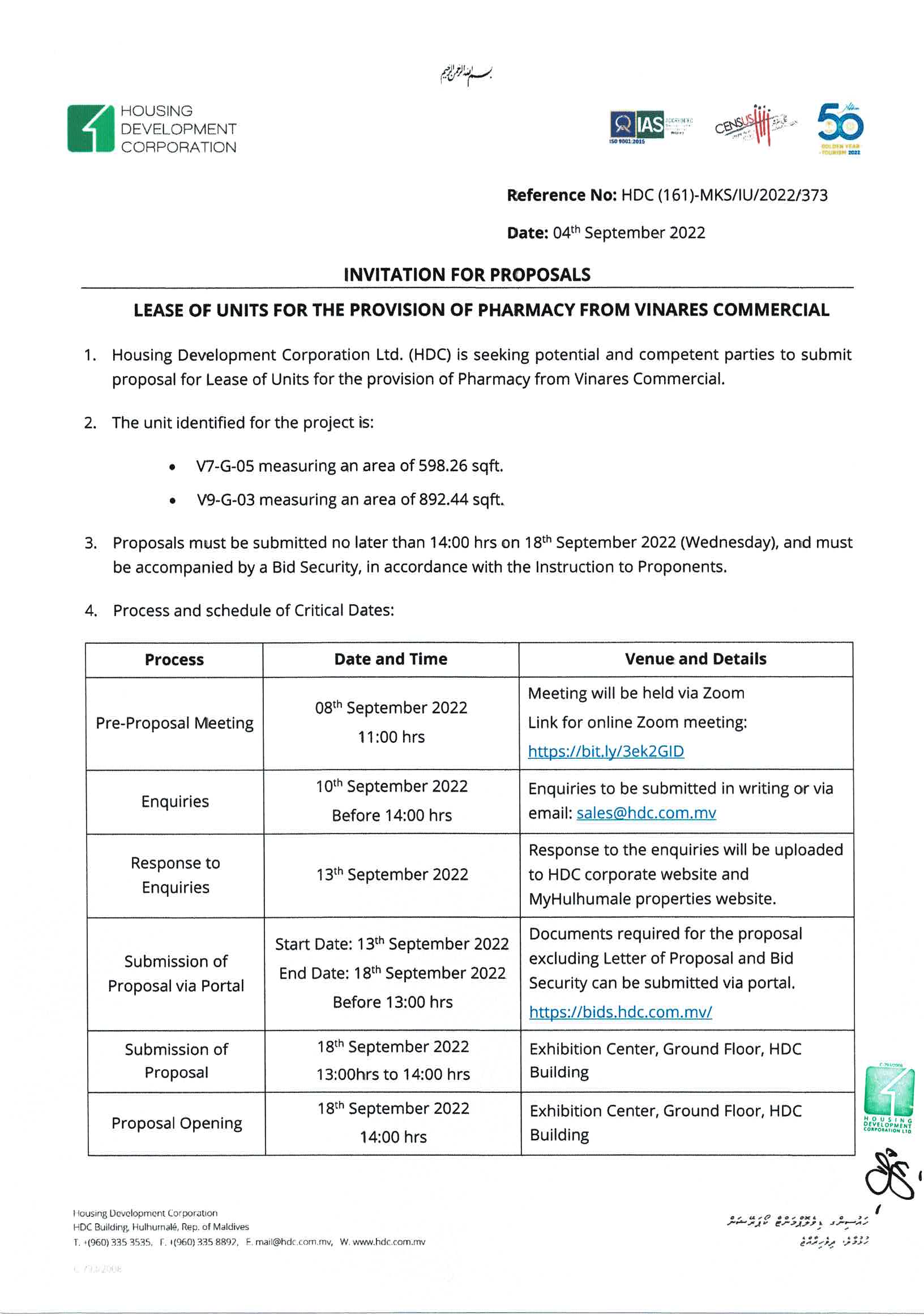 Lease of Units for the provision of Pharmacy from Vinares Commercial