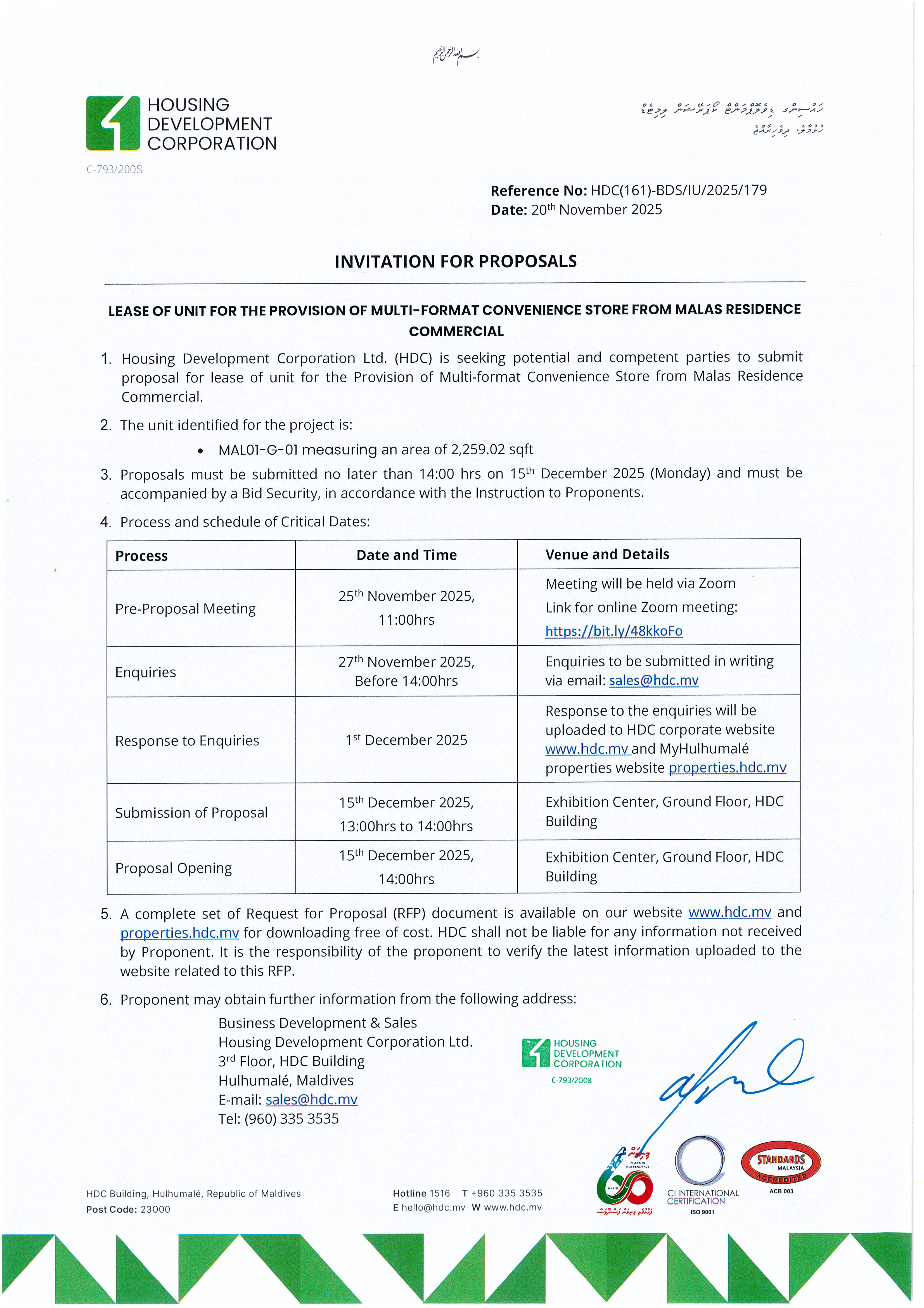 Lease of Unit for the Provision of Multi-Format Convenience Store from Malas Residence Commercial