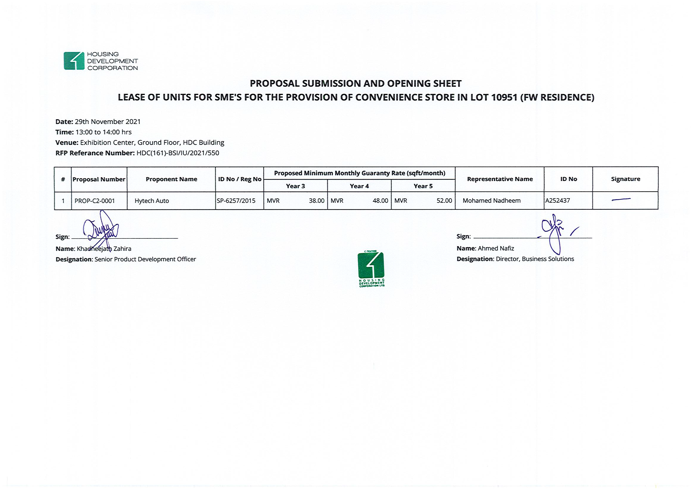 Proposal Submission and Opening Sheet