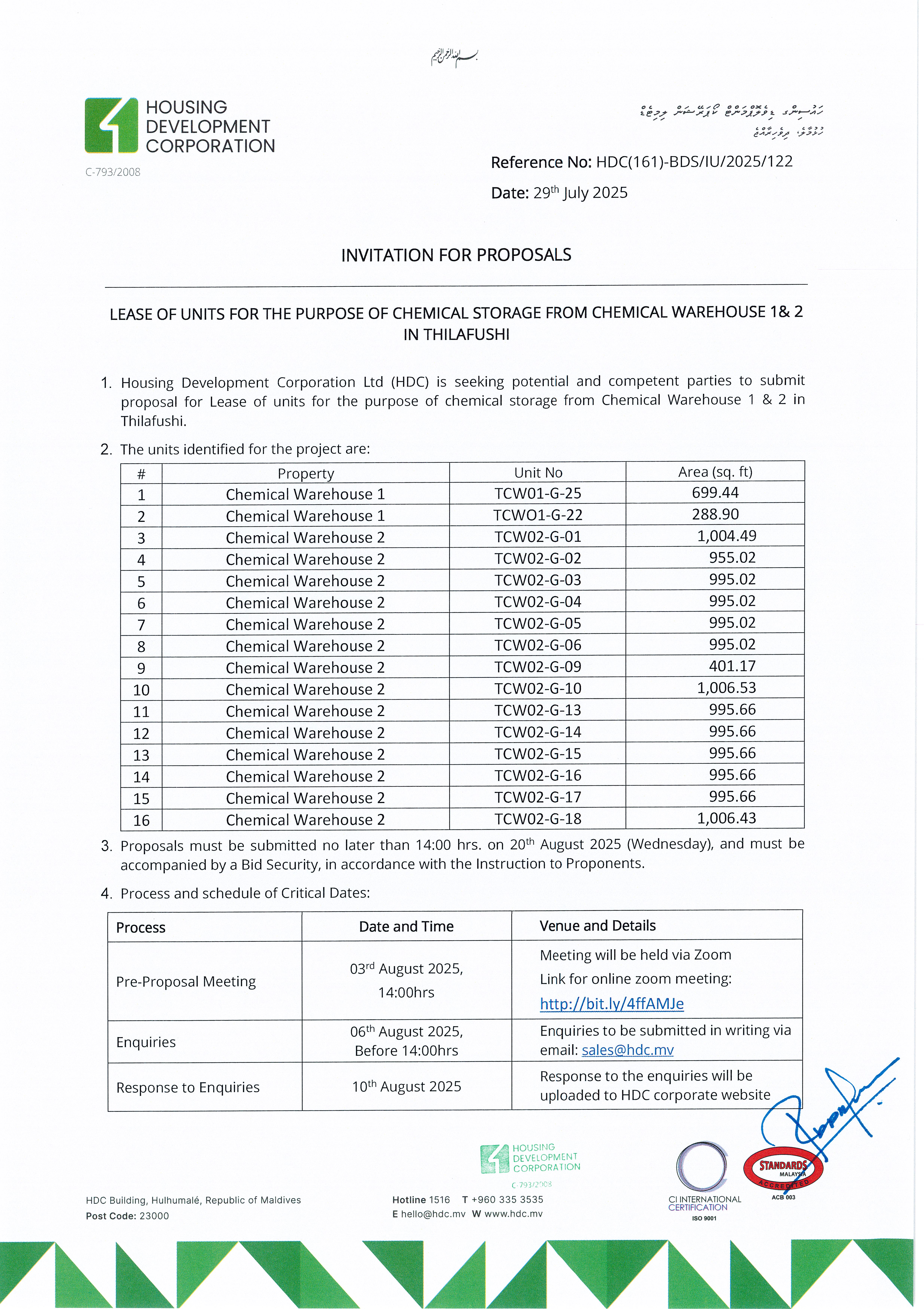 Lease of Units for the Provision of Chemical Storage from Chemical Warehouse 1 & 2 in Thilafushi
