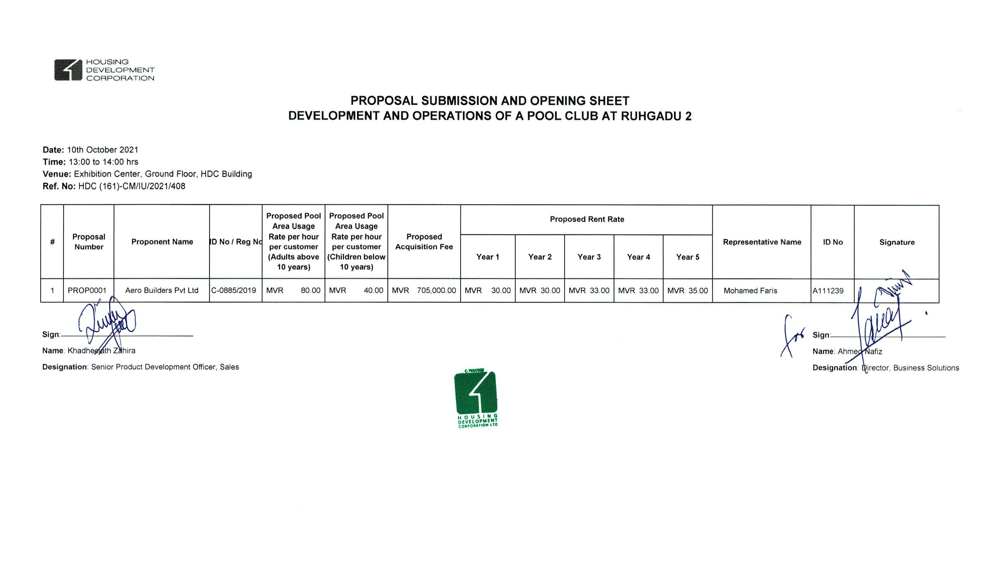 Proposal Submission and Opening Sheet