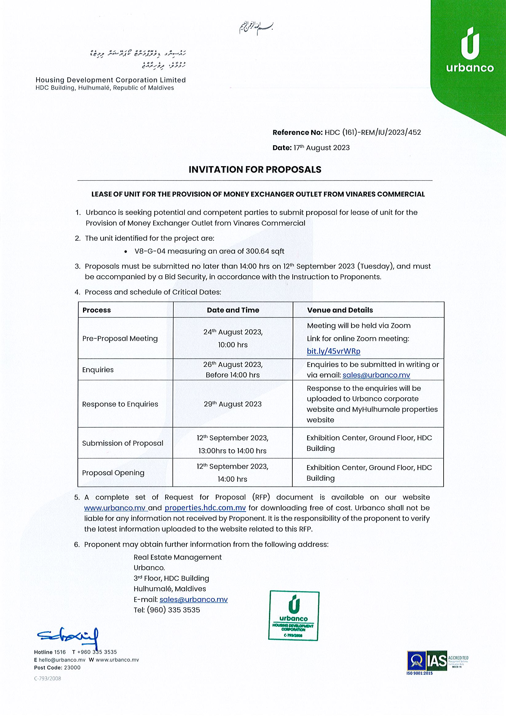 Lease of Unit for the Provision of Money Exchanger Outlet from Vinares Commercial