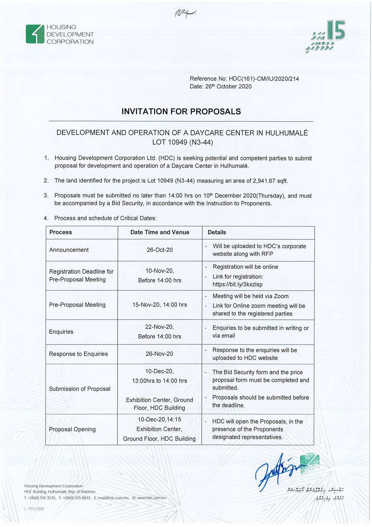 Development and Operation of a Daycare Center In Hulhumalé Lot 10949 (N3-44)