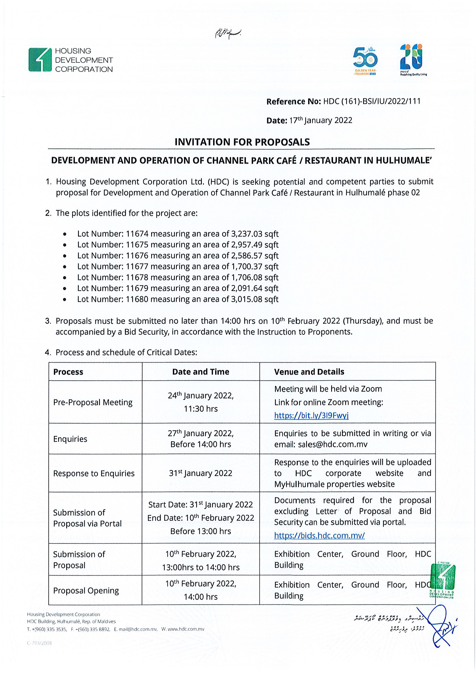 Development and Operation of Channel Park Café / Restaurants in Hulhumale’