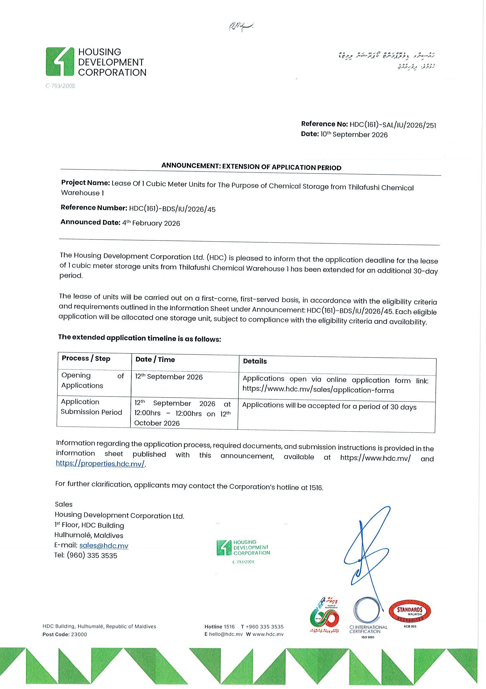 Extension of Application Period - Lease of 1 Cubic Meter Units for the Purpose of Chemical storage from Thilafushi Chemical Warehouse 1