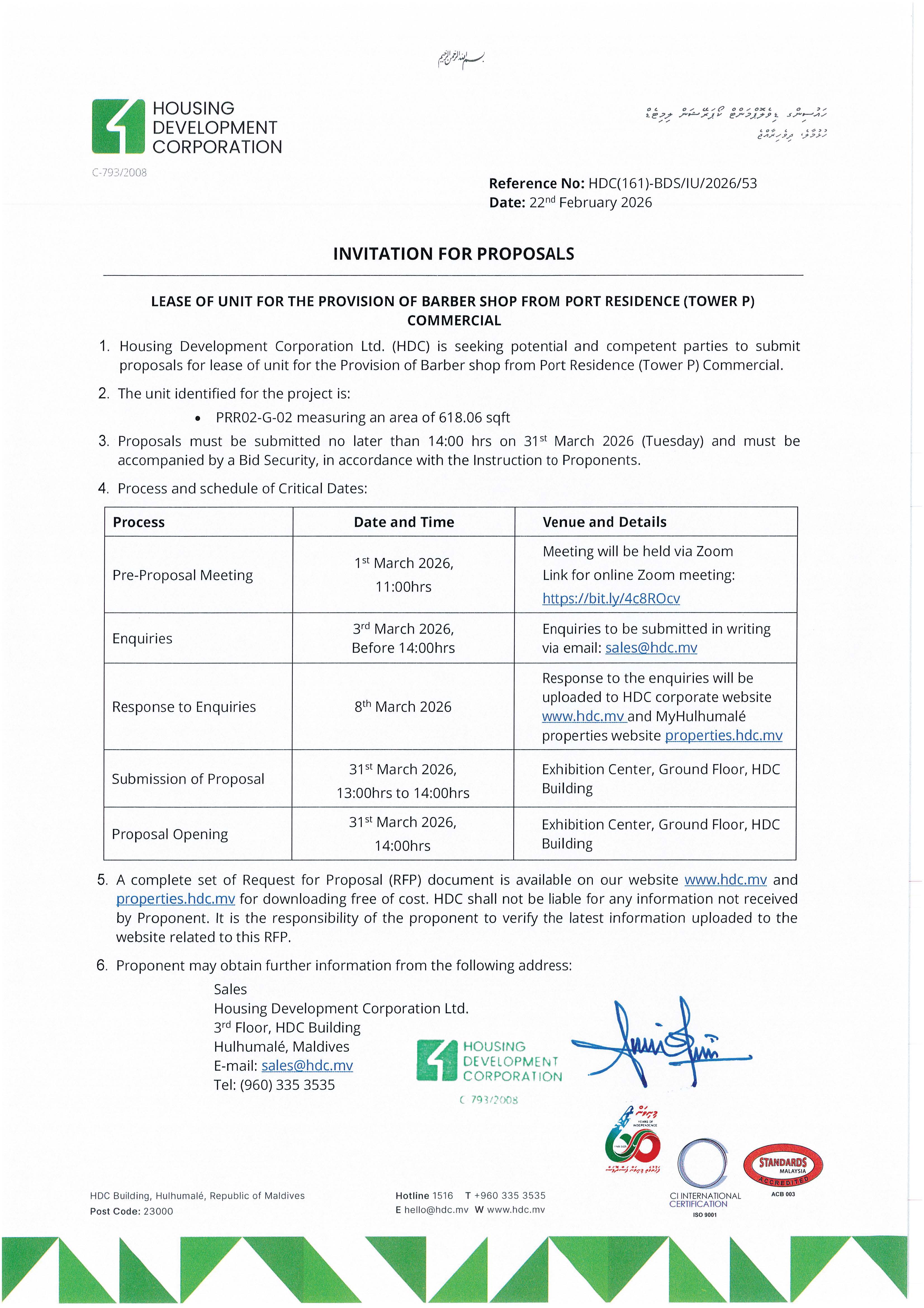 Lease of Unit for the Provision of Barber shop from Port Residence (Tower P) Commercial.