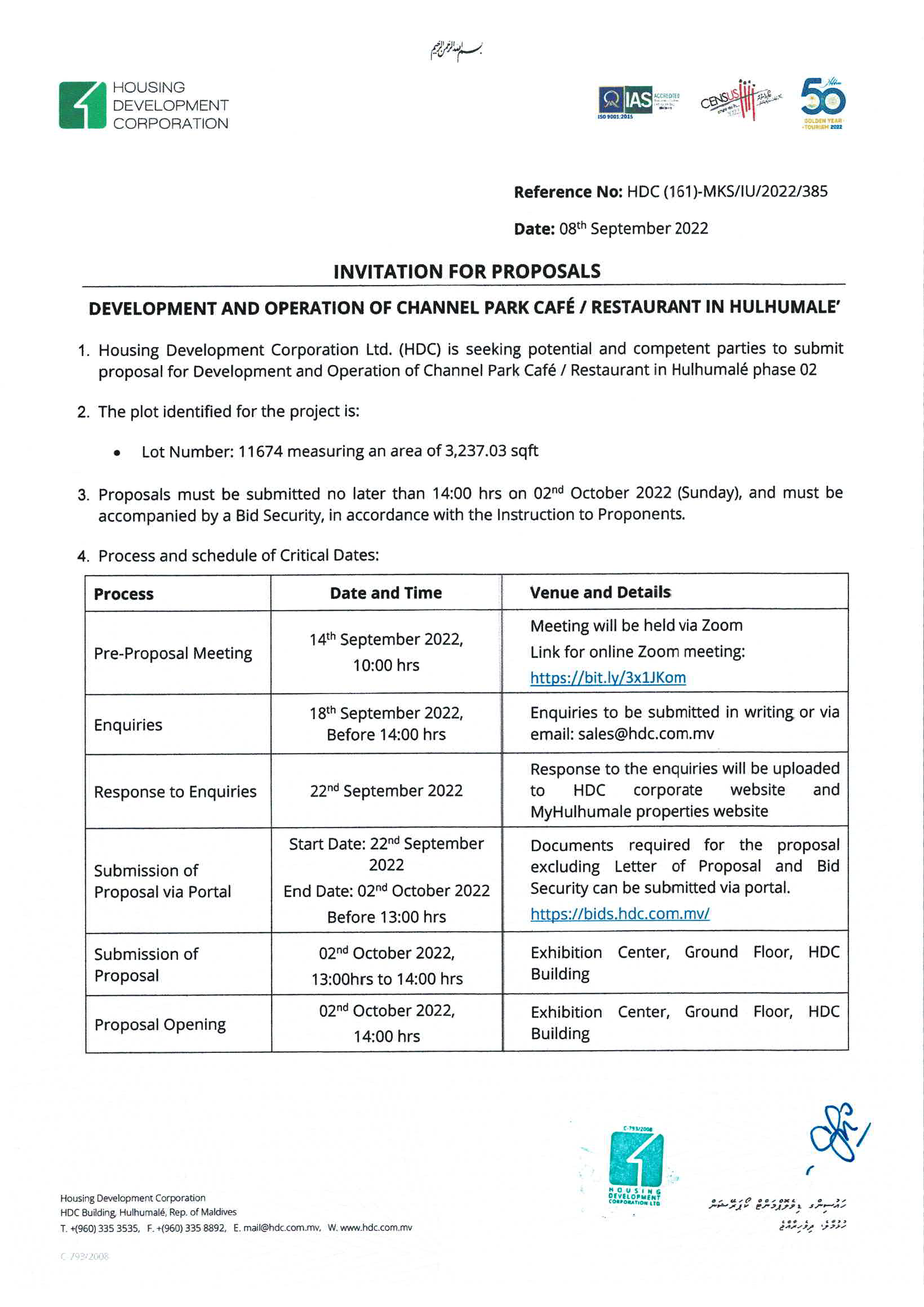 Development and Operation of Channel Park Café / Restaurants in Hulhumalé