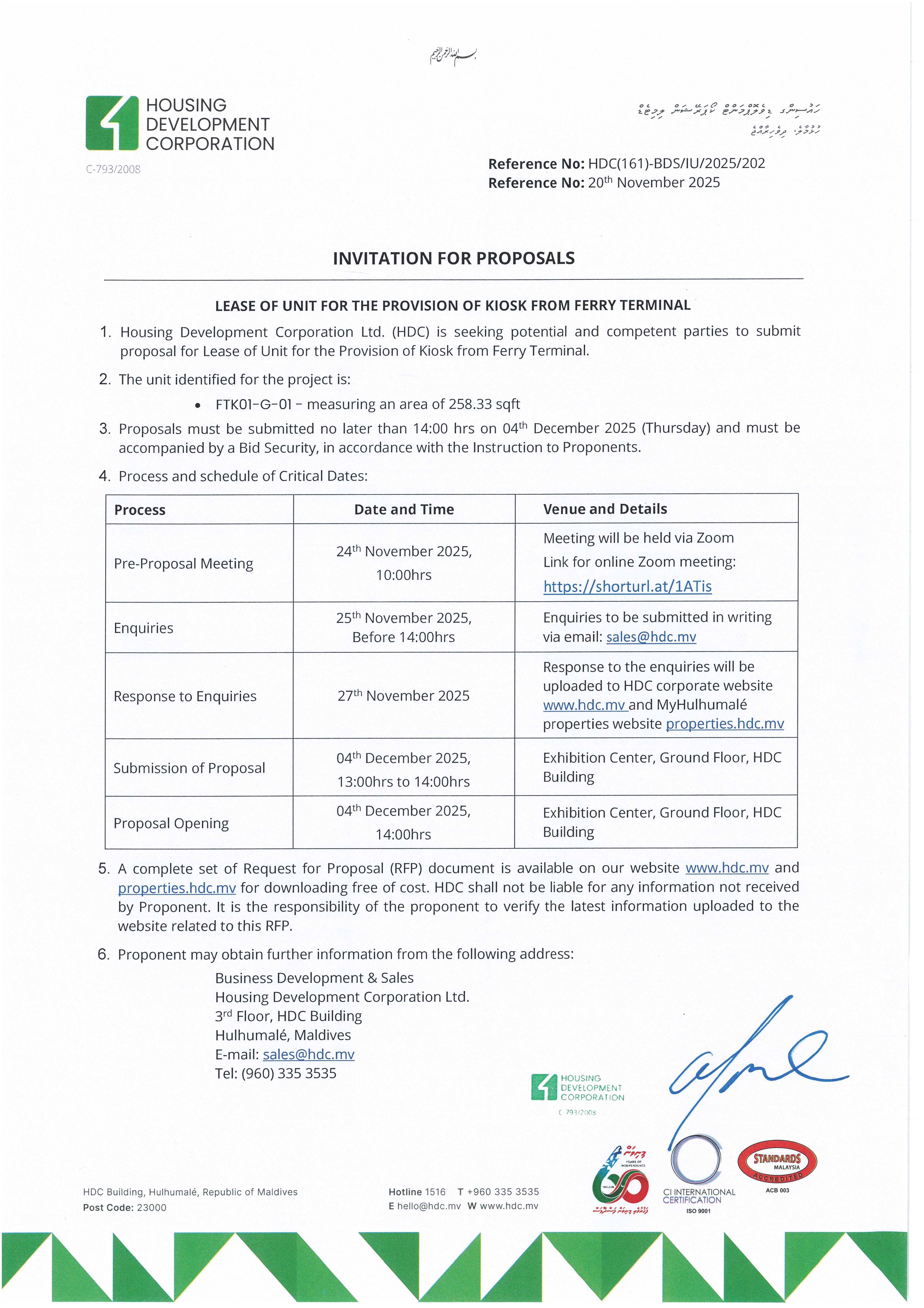 Lease of Unit for the Provision of Kiosk from Ferry Terminal