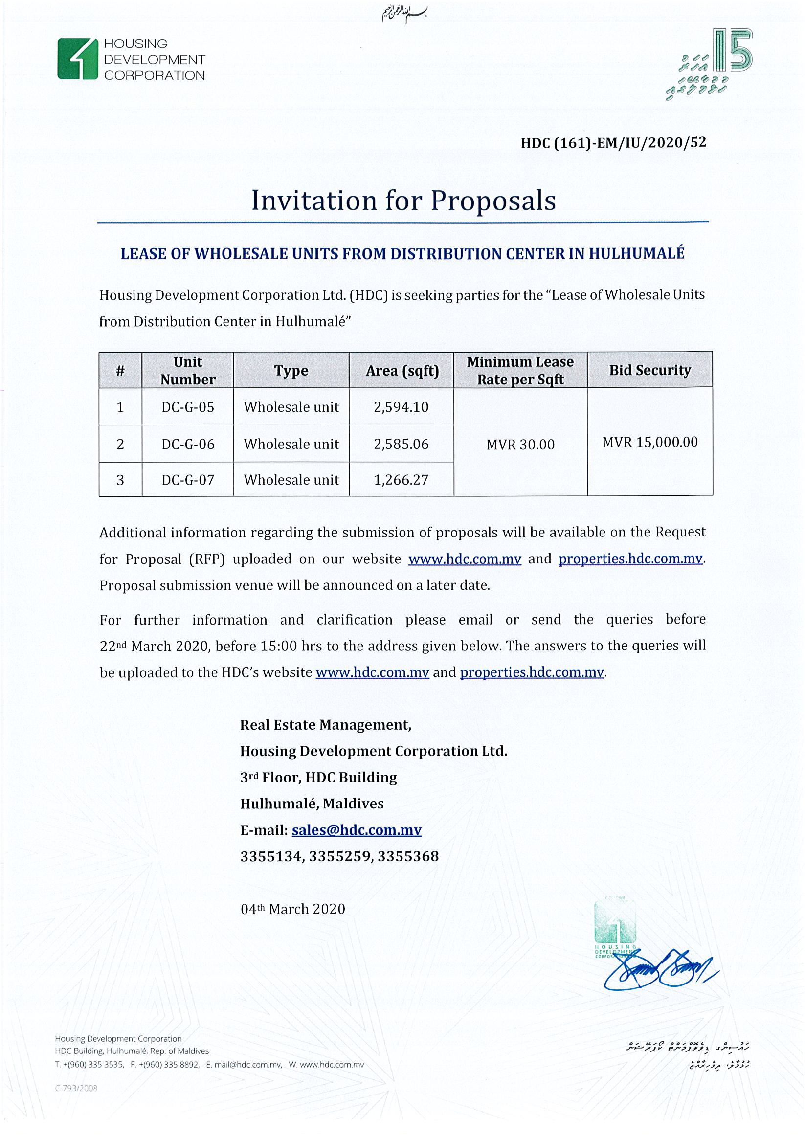 Lease of Wholesale Units from Distribution Center in Hulhumalé