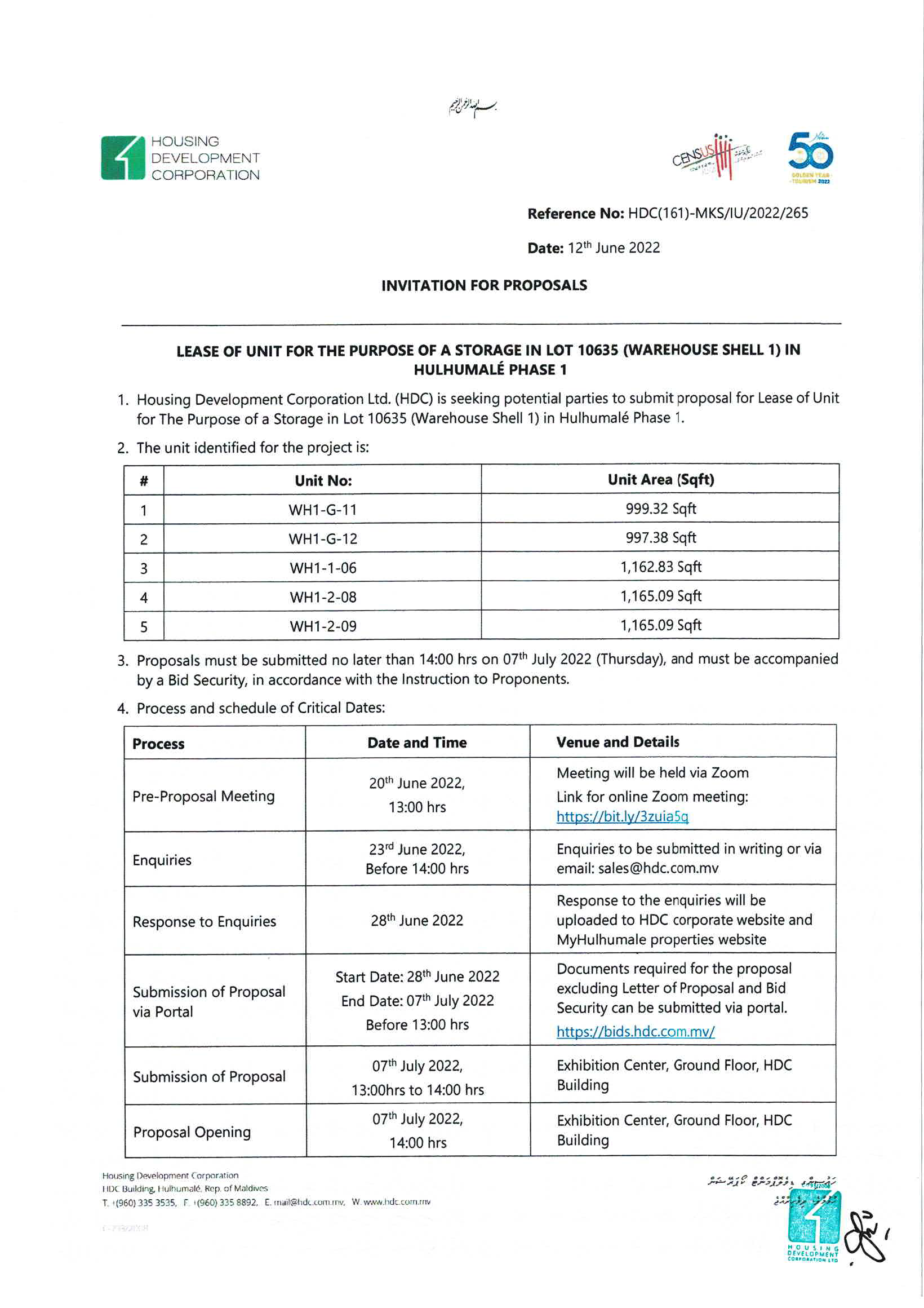 Lease of Unit for The Purpose of a Storage in Lot 10635 (Warehouse Shell 1) in Hulhumalé Phase 1