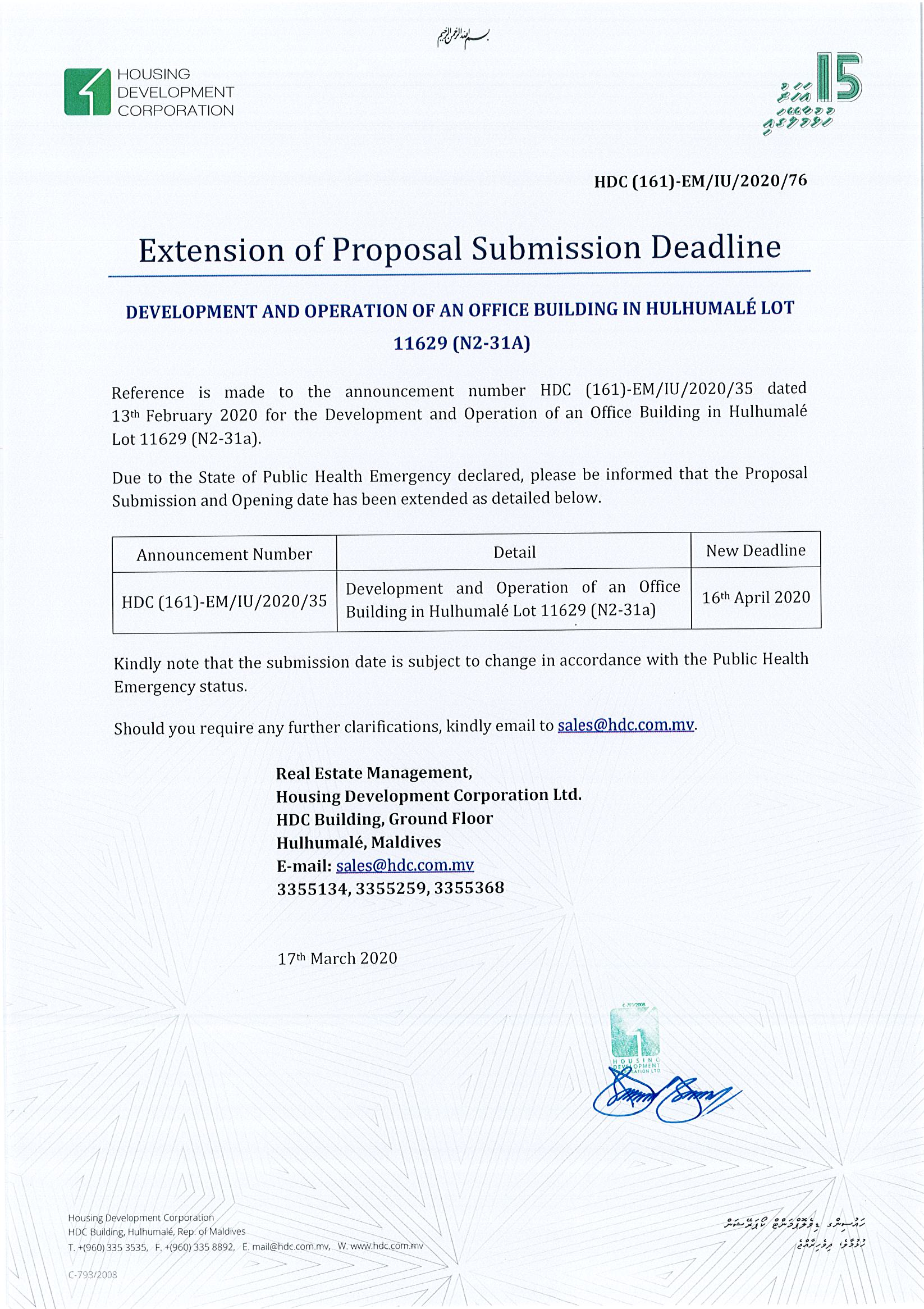 Extension of Proposal Submission Deadline