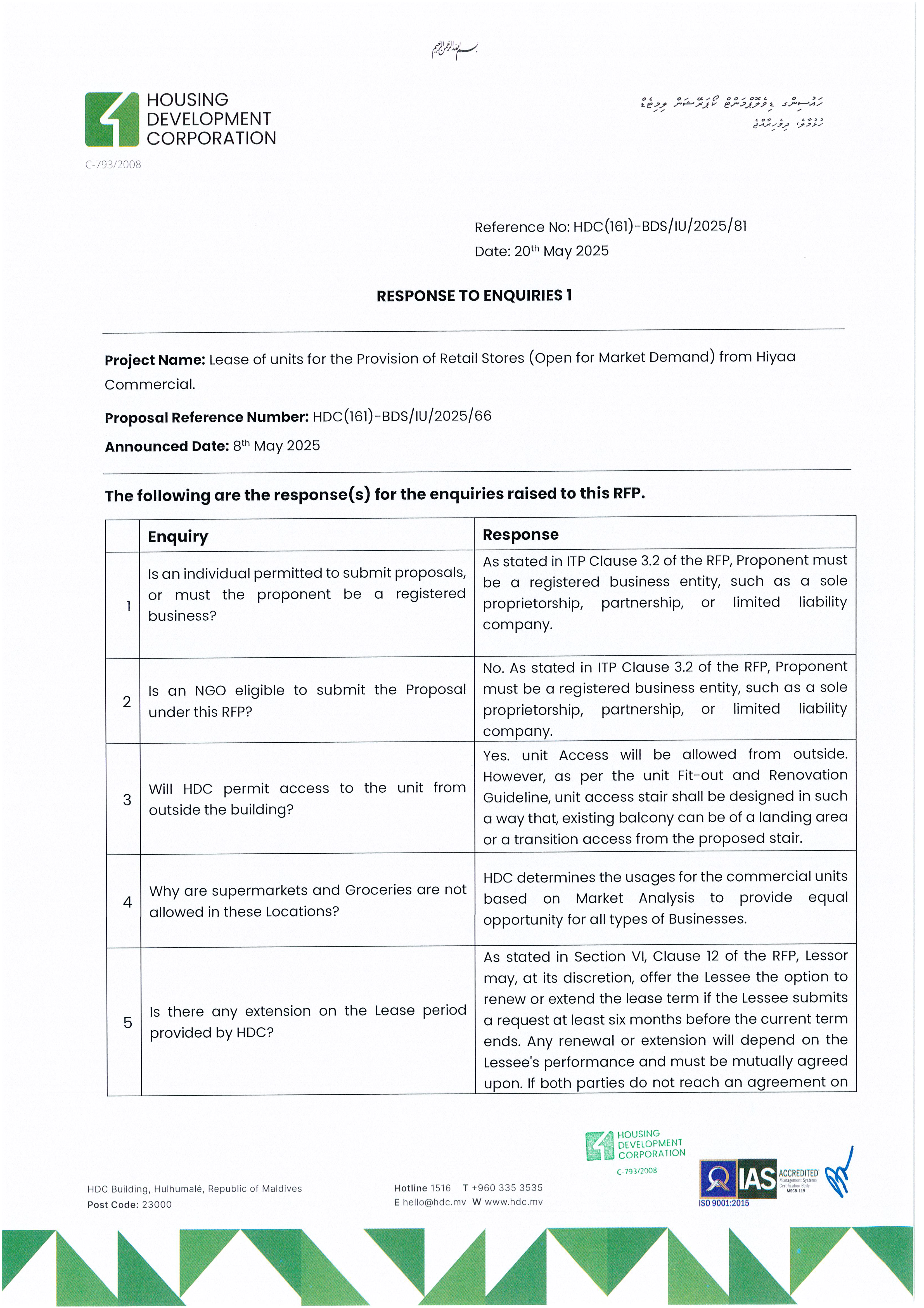 Response to Enquiries 1