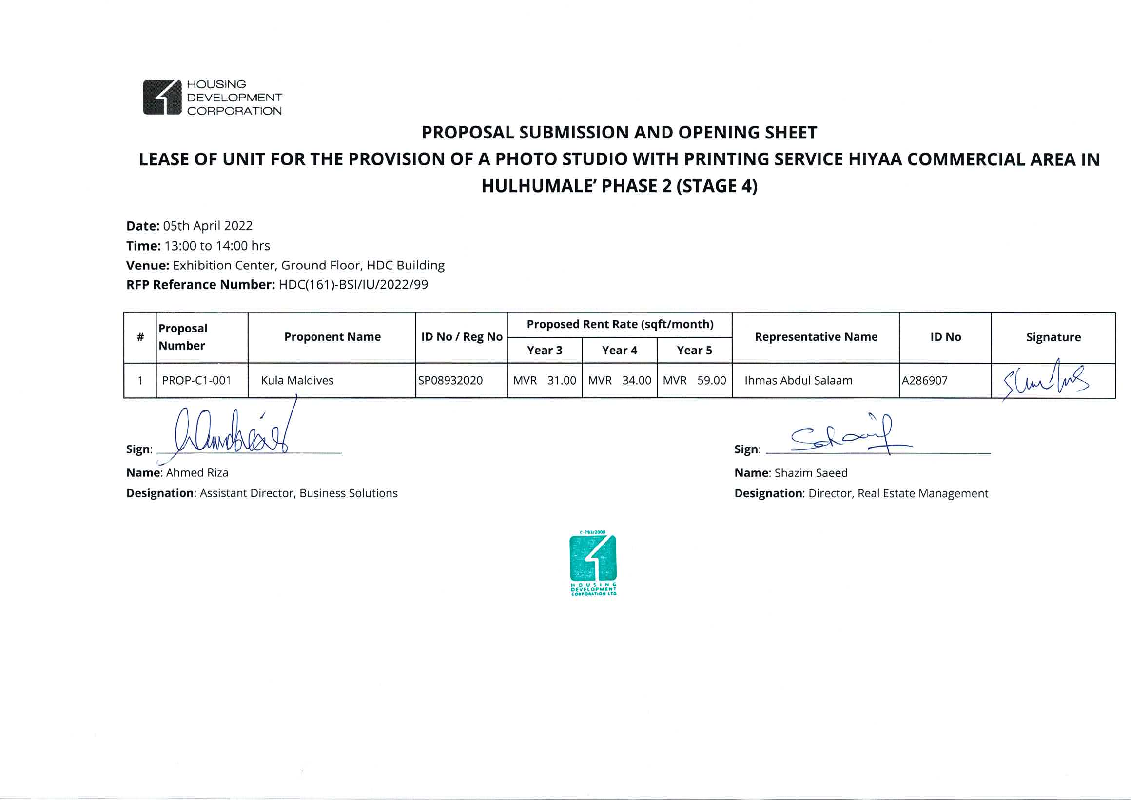 Proposal Submission and Opening Sheet