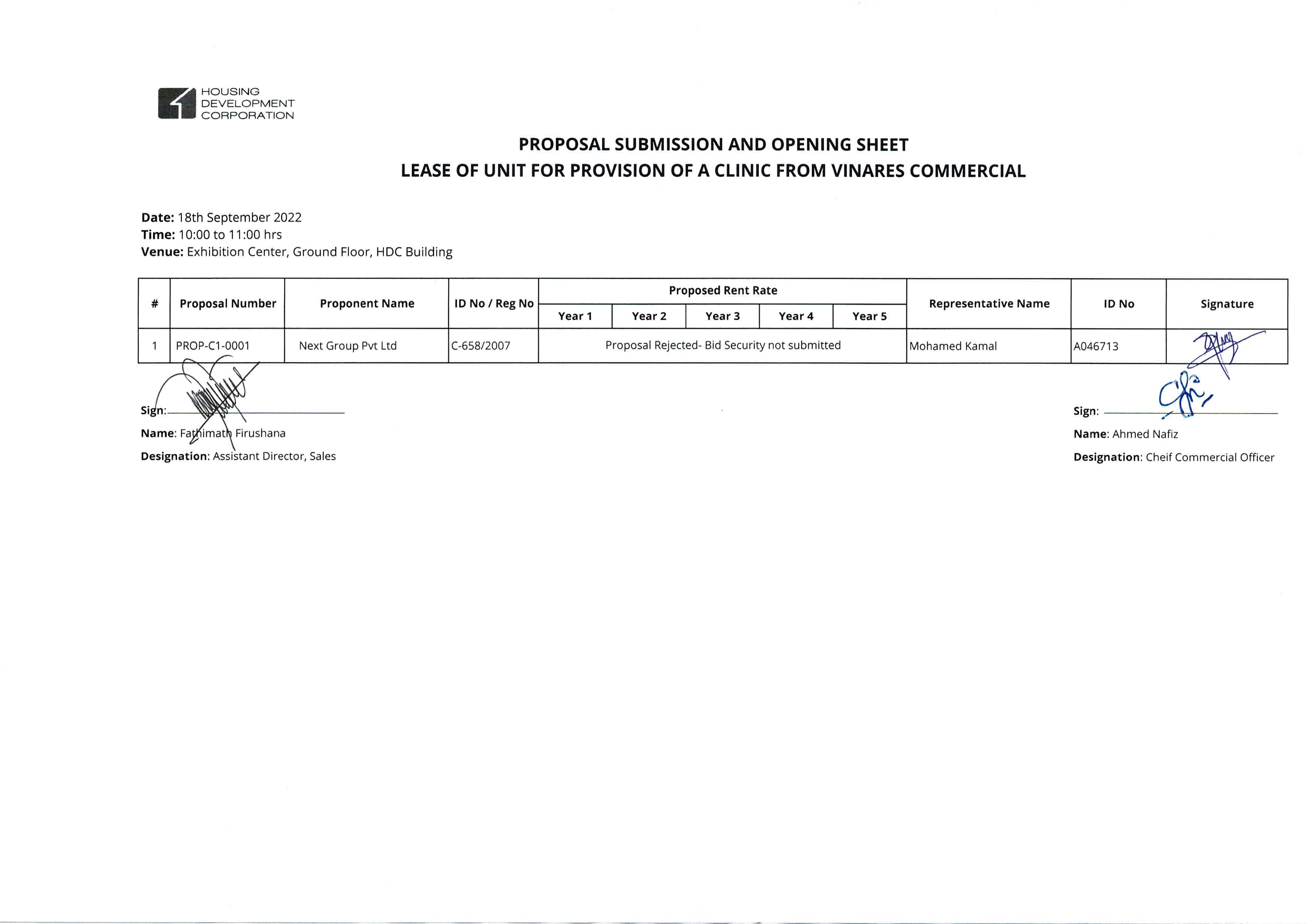 Proposal Submission and Opening Sheet