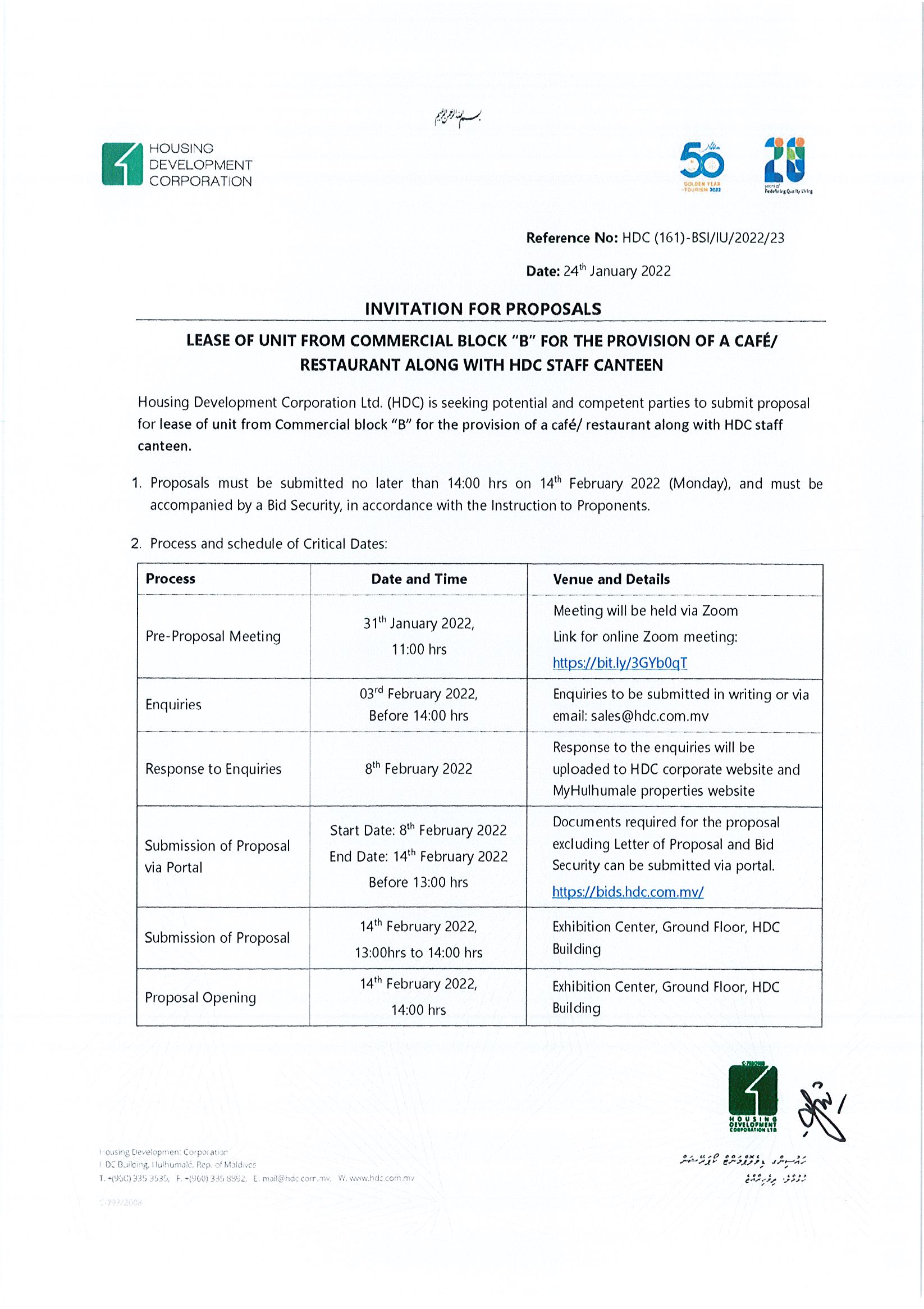 Lease of unit from Commercial block “B” for the provision of a café/ restaurant along with HDC staff canteen