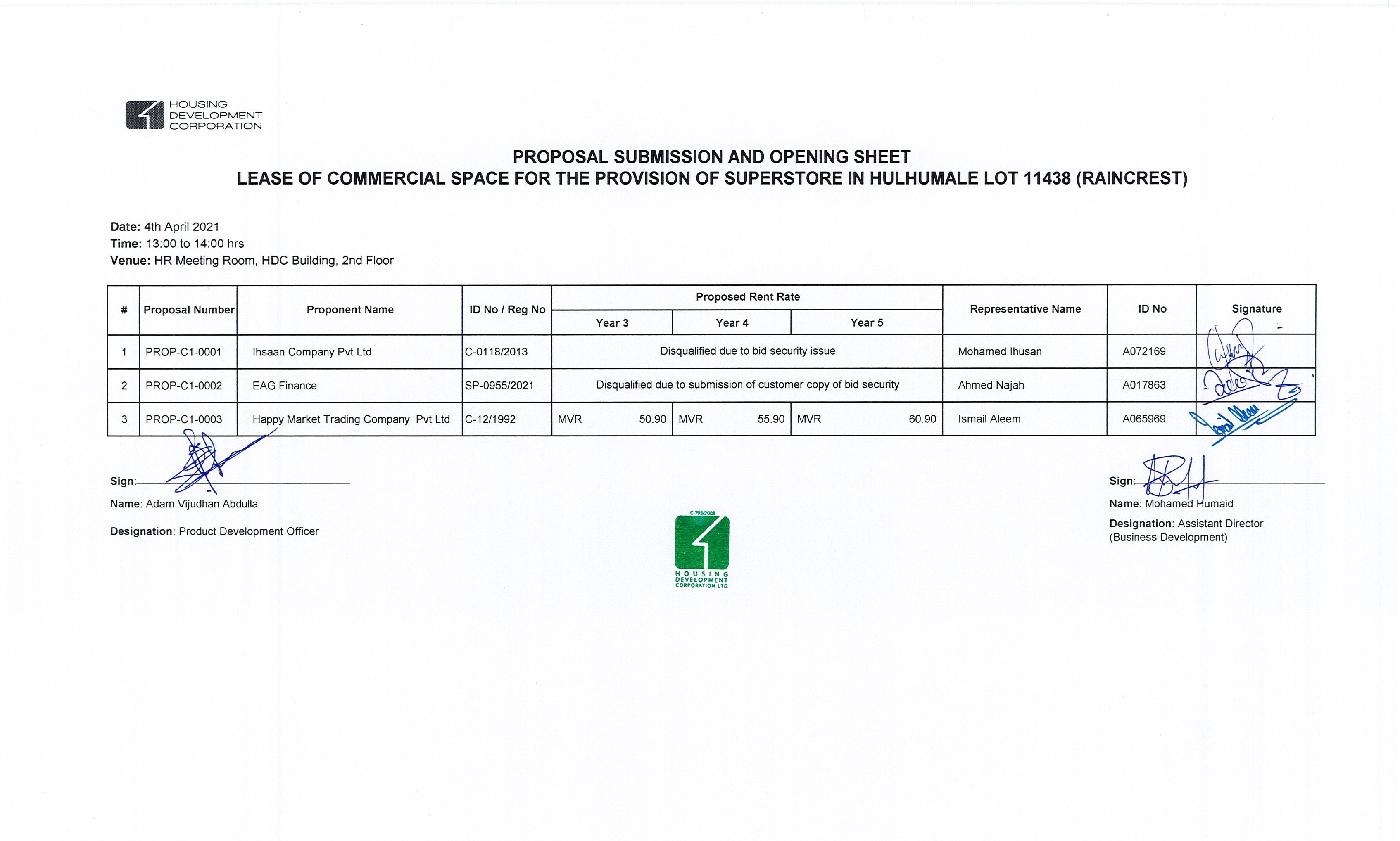 Proposal Submission and Opening Sheet