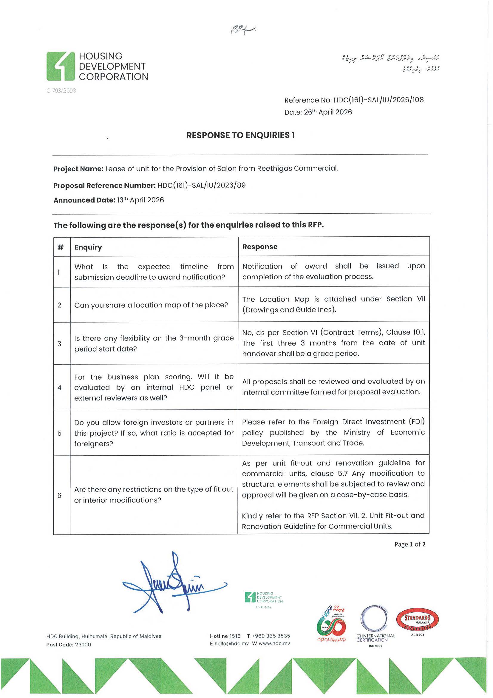 Response to Enquiries 1
