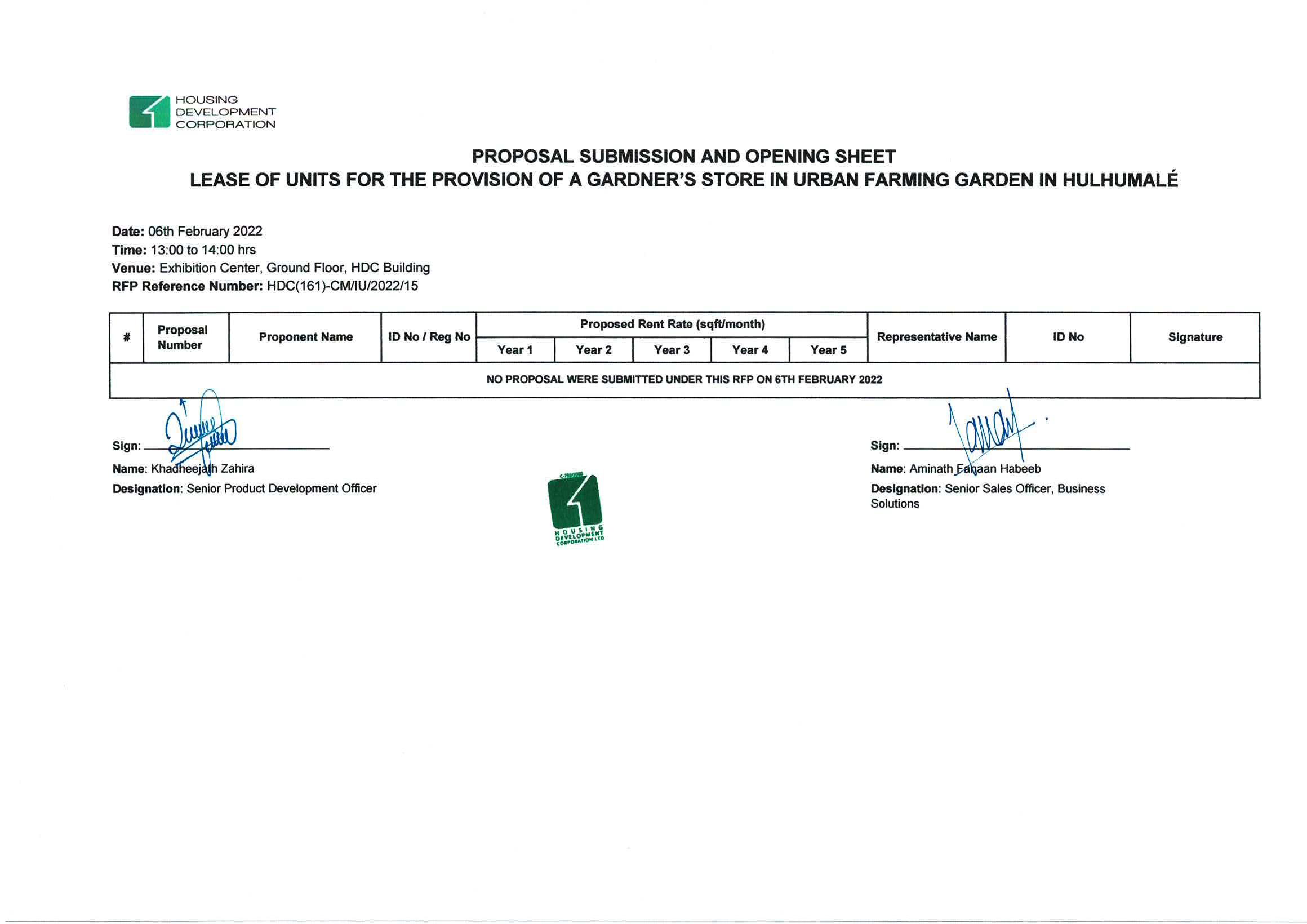 Proposal Submission and Opening Sheet