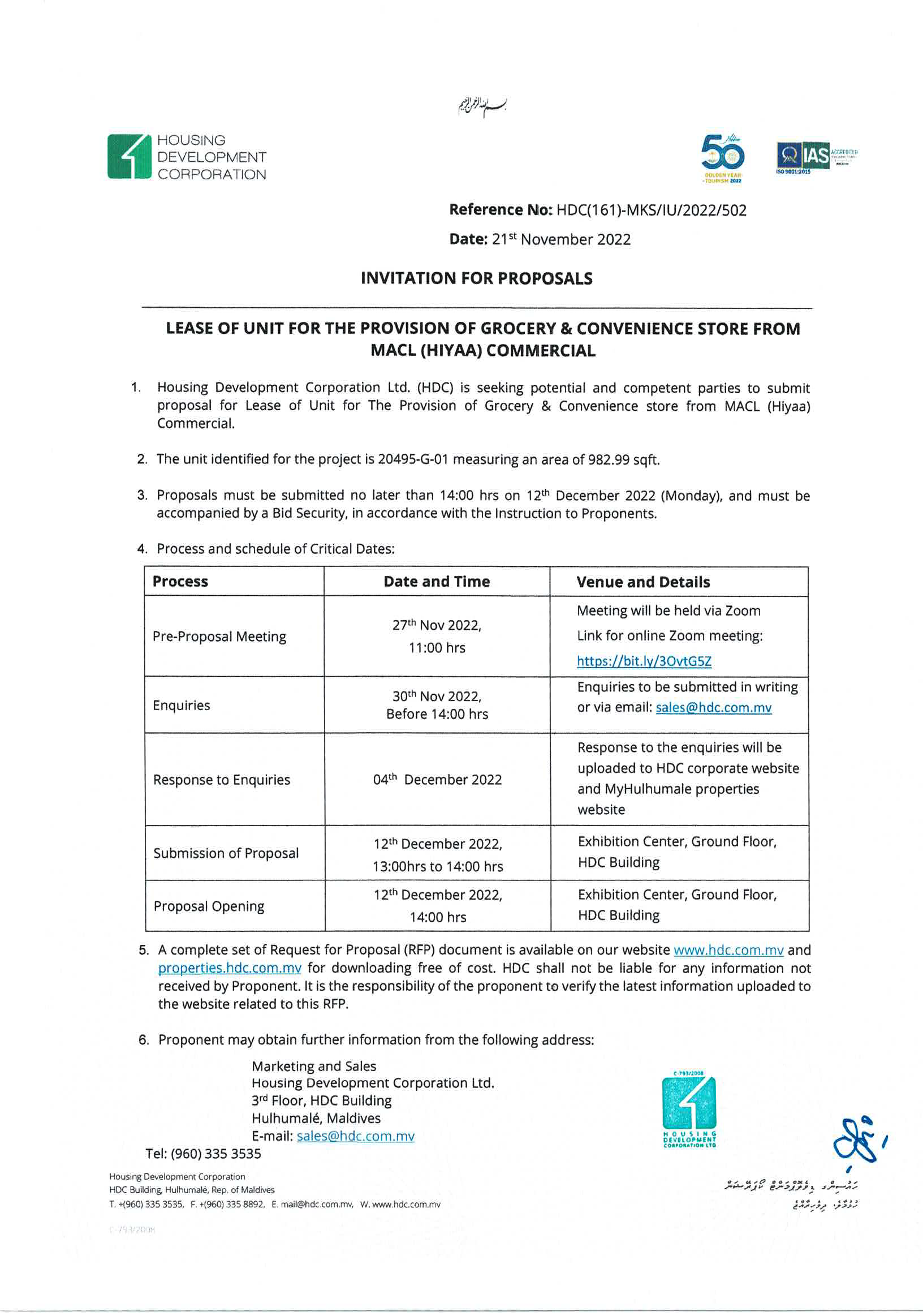 Lease of unit for the provision of Grocery & Convenience Sore from MACL (Hiyaa) Commercial