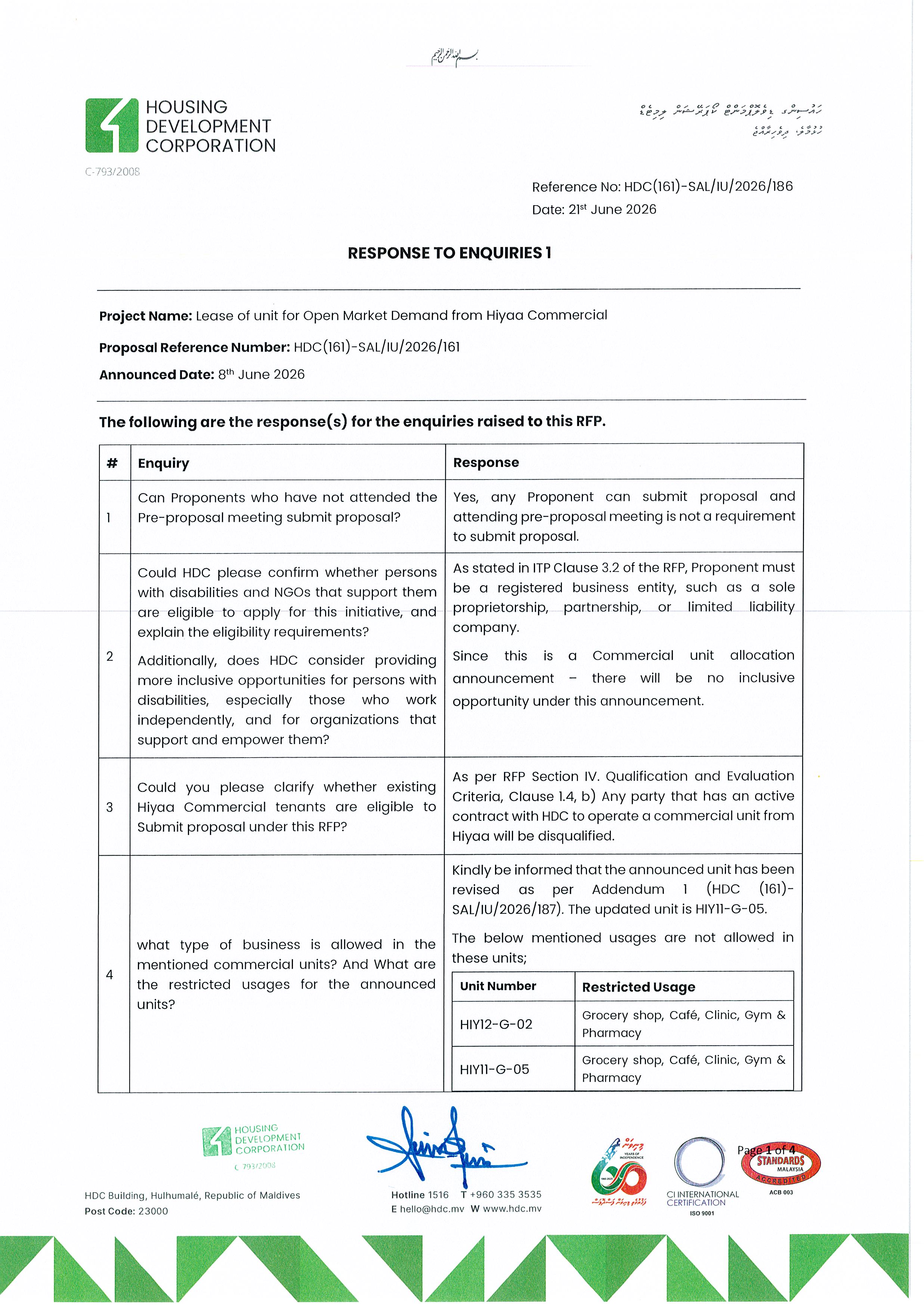 Response to Enquiries 1