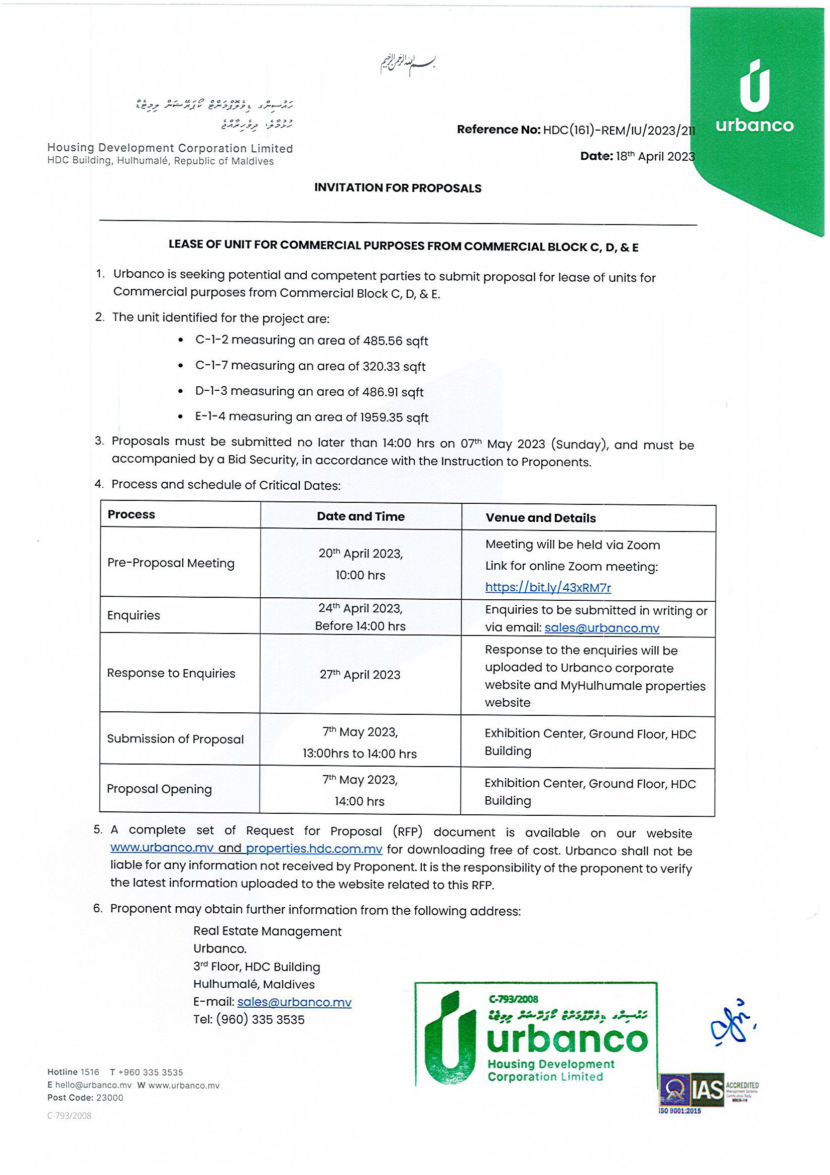 RFP - Lease of Units for Commercial Purposes From Commercial Block C, D & E