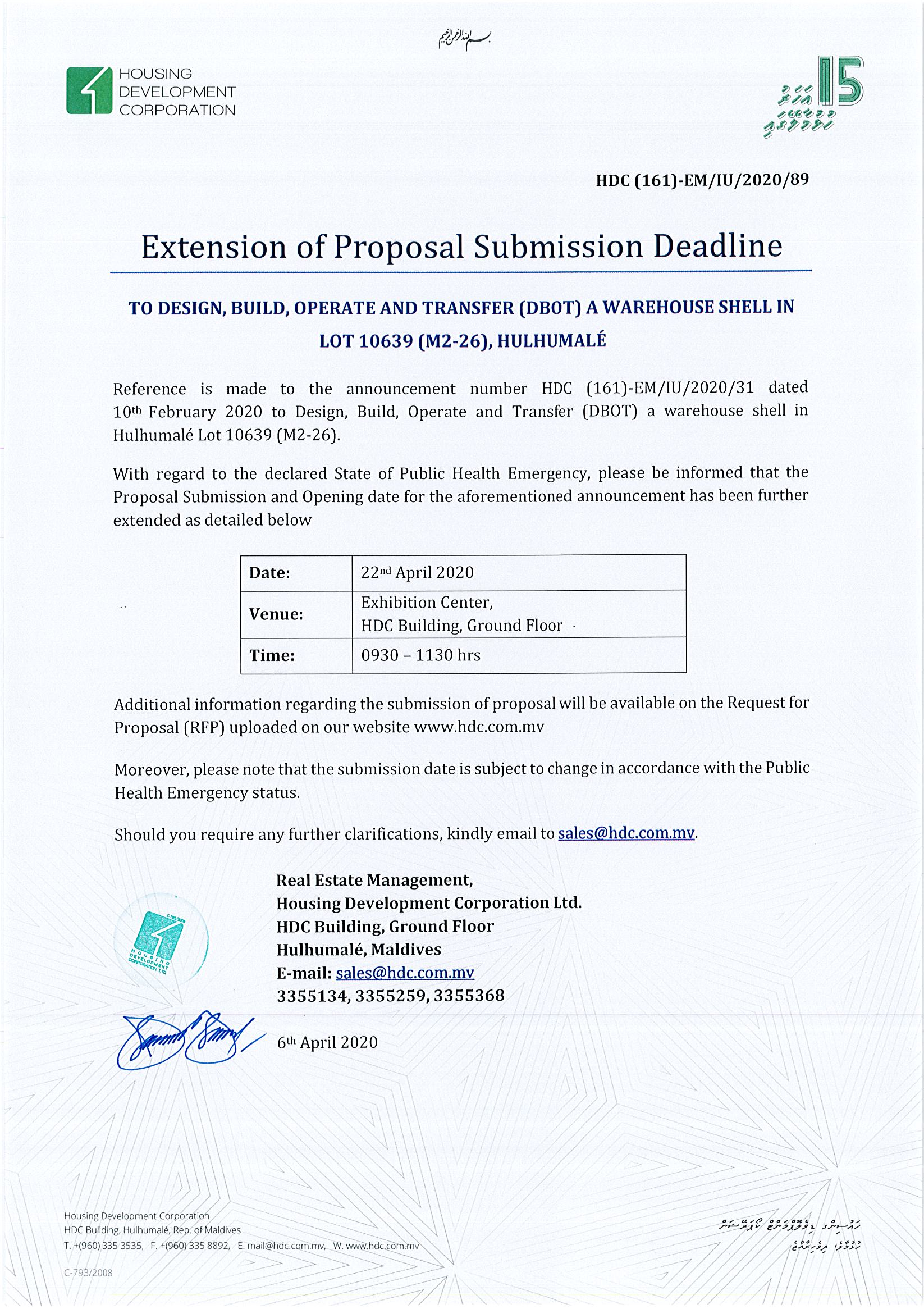 Extension of Proposal Submission Deadline