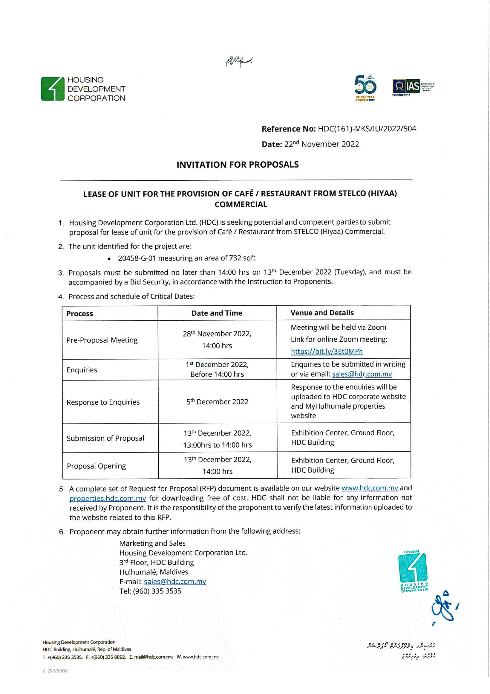 Lease Of Unit for The Provision of Café / Restaurant from STELCO (Hiyaa) Commercial