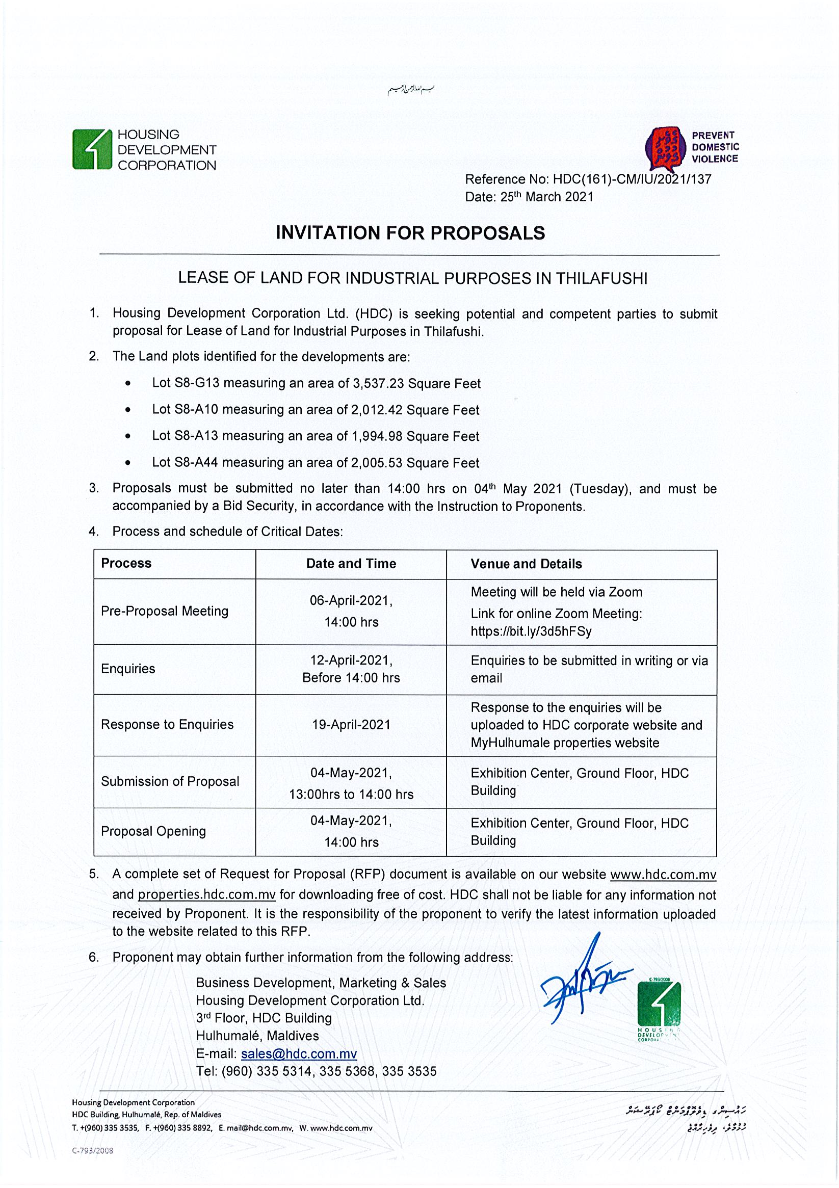 Lease of Land for Industrial Purposes in Thilafushi