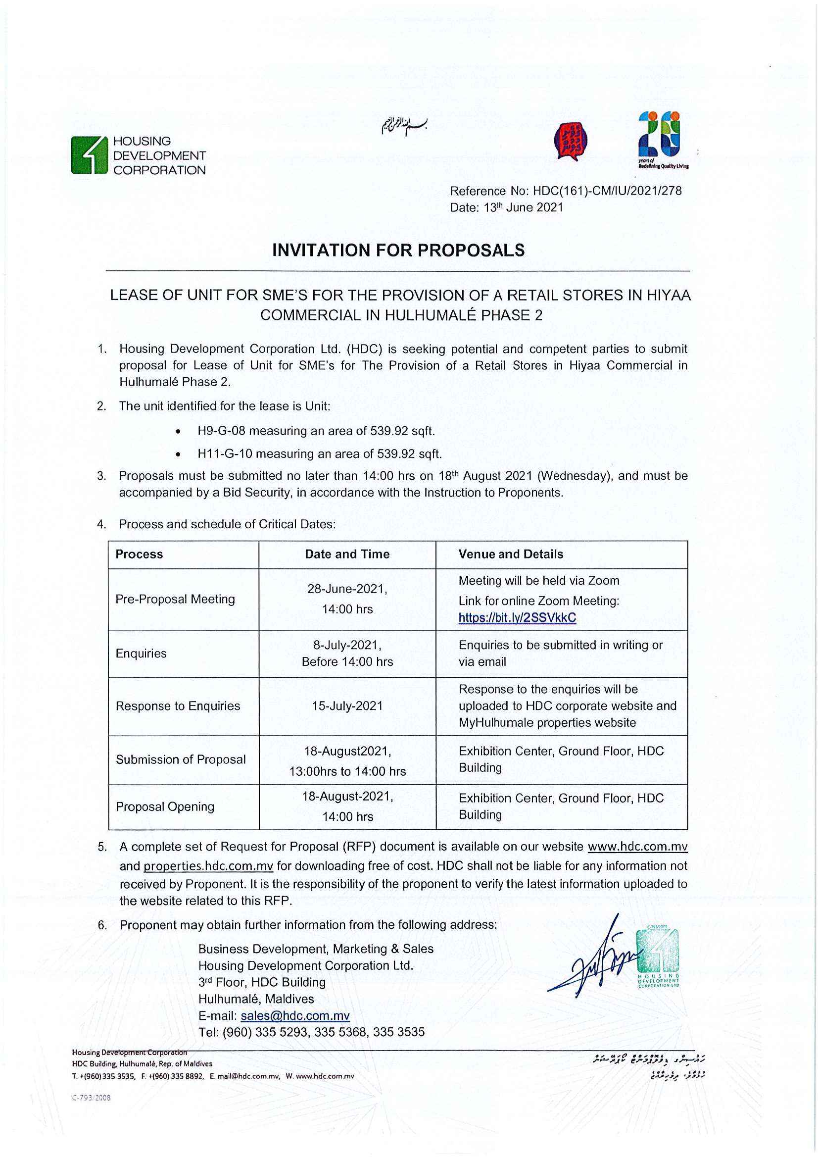 Lease of Unit for SME’s for The Provision of a Retail Stores in Hiyaa Commercial in Hulhumalé Phase 2