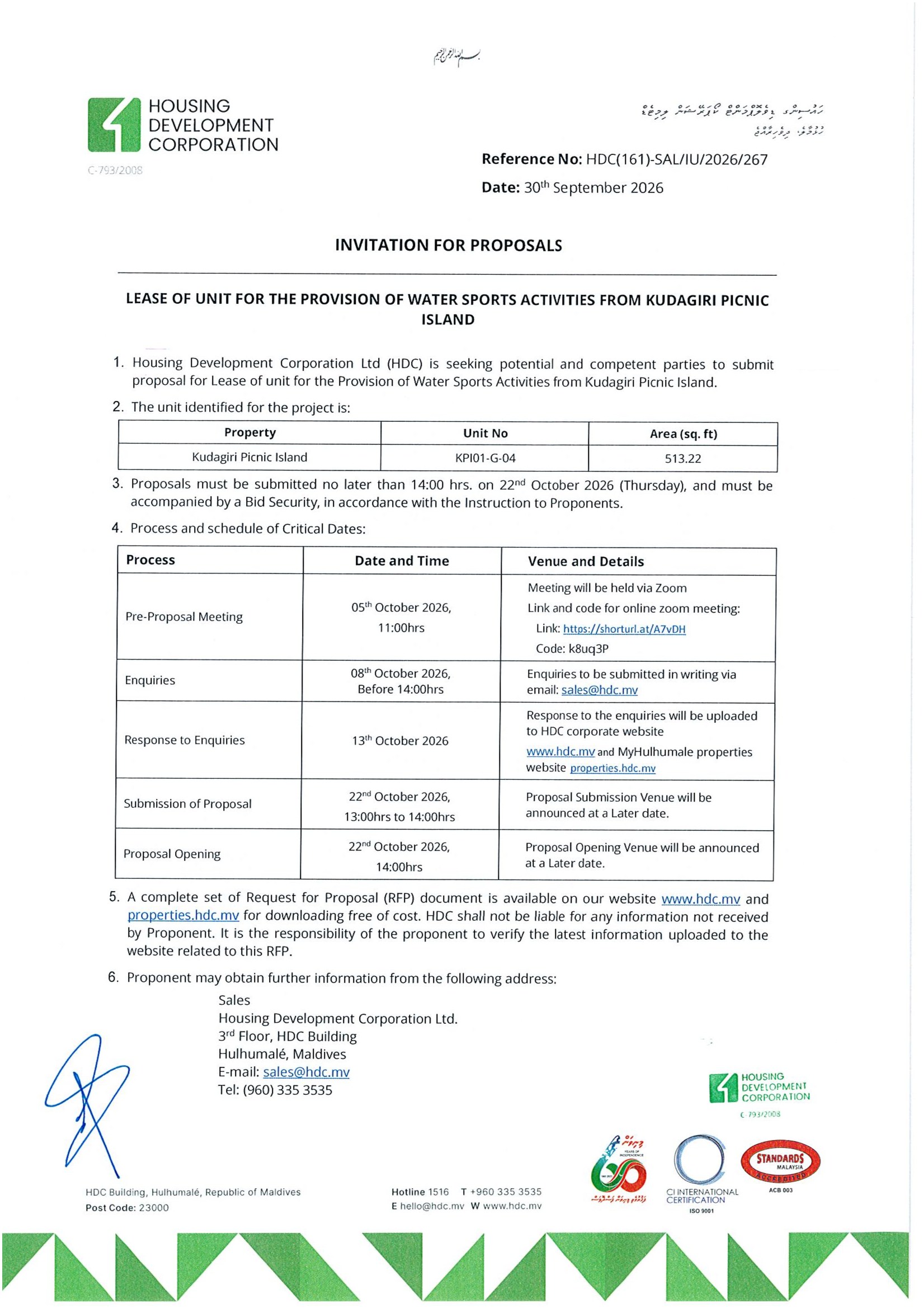 Lease of unit for the provision of water sports activities from Kuda Giri Picnic Island